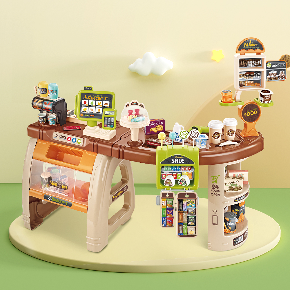 Keezi Kids Pretend Role Play Grocery Supermarket 52 Piece Playset Cash Register - Image 5
