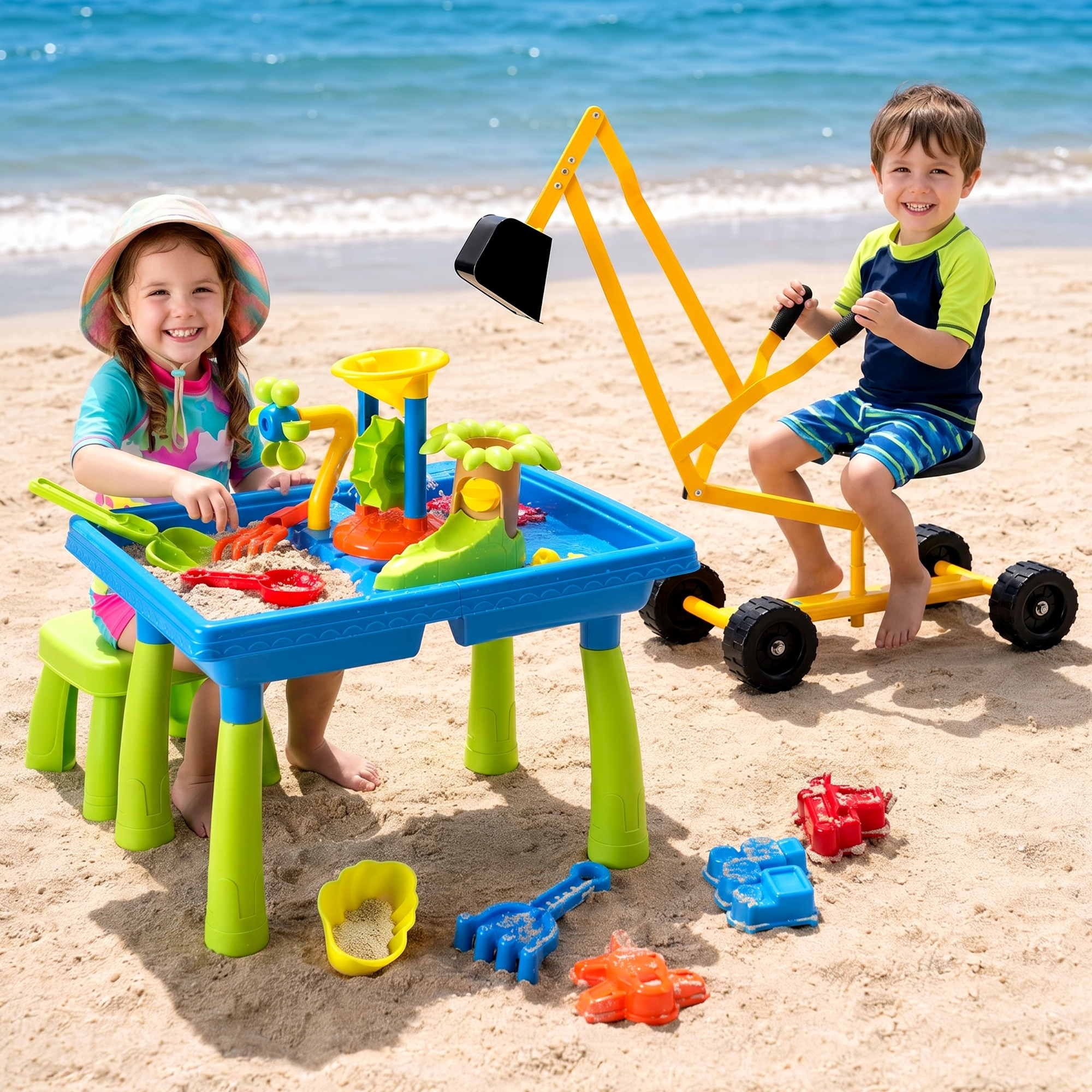 Keezi Ride On Digger with Sand and Water Table Sandpit Toys Set - Image 1