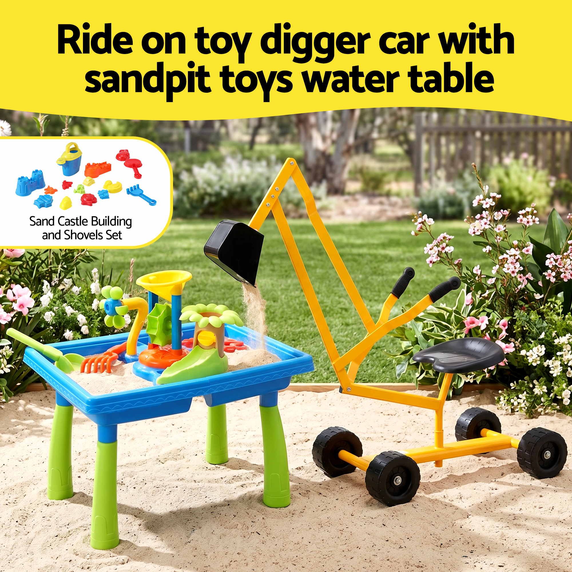 Keezi Ride On Digger with Sand and Water Table Sandpit Toys Set - Image 4