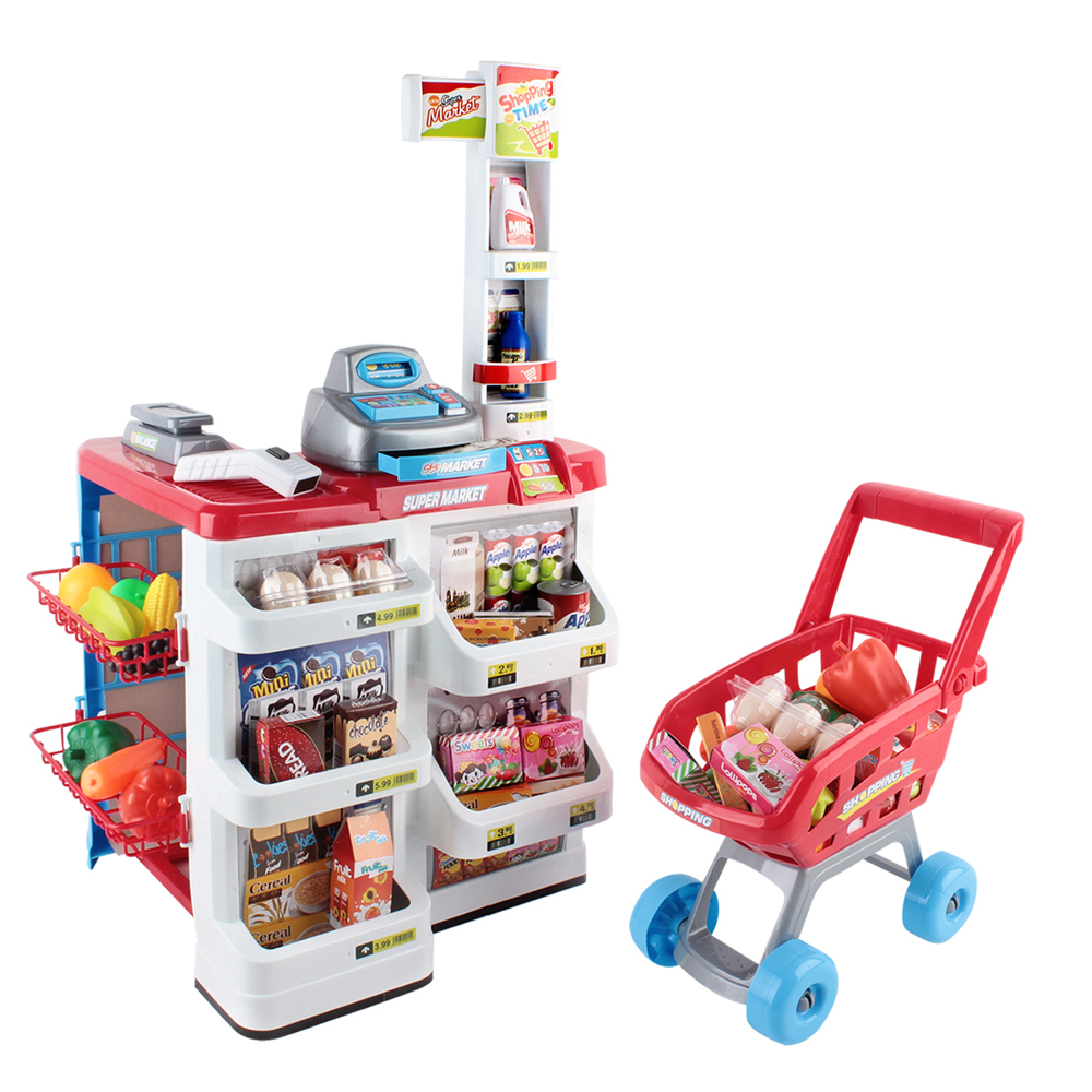 Keezi Kids Pretend Role Play Supermarket 24 Piece Playset Cash Register Trolley - Image 1