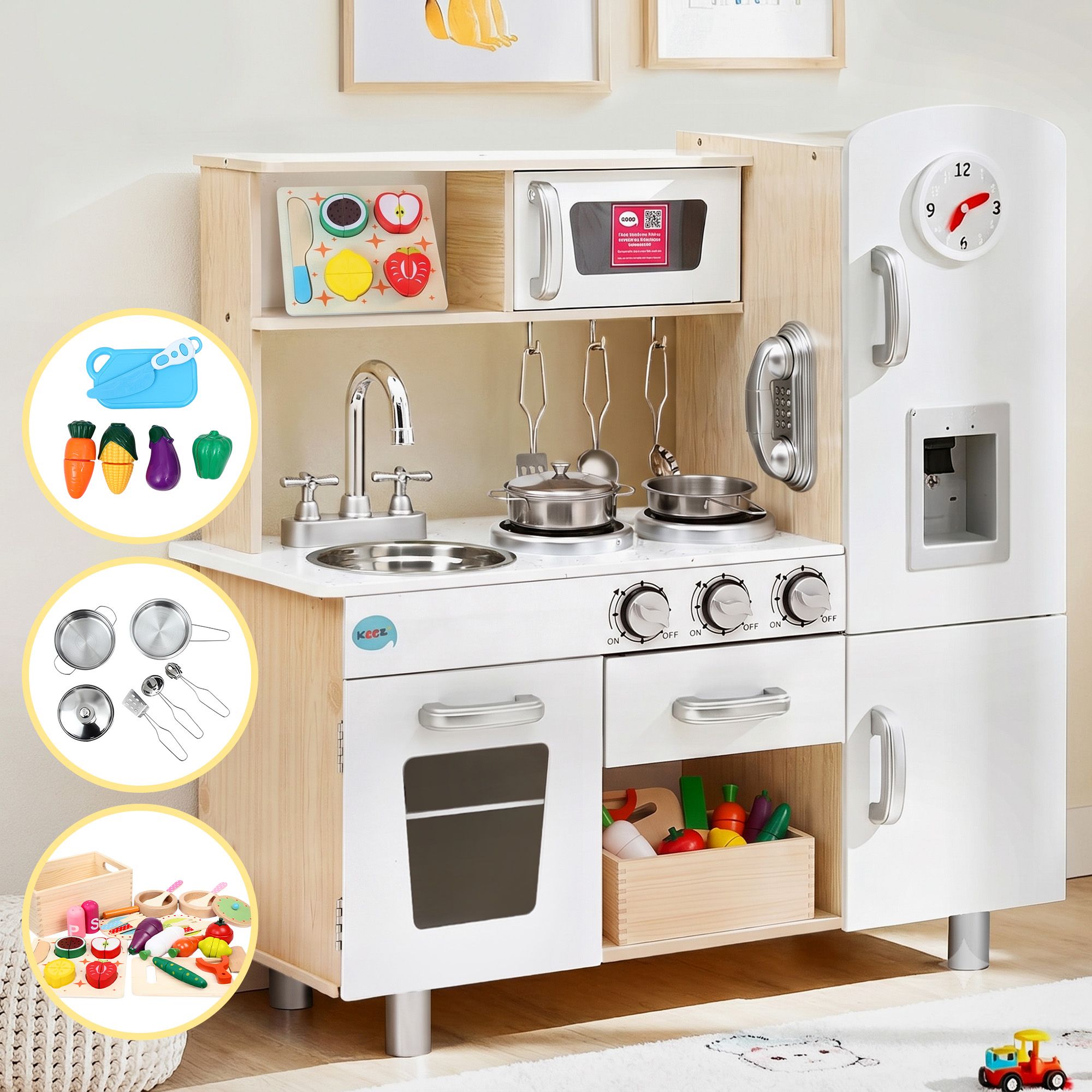 Keezi Kids Wooden Pretend Kitchen Playset with 29pc Cutting Food Set - Image 1
