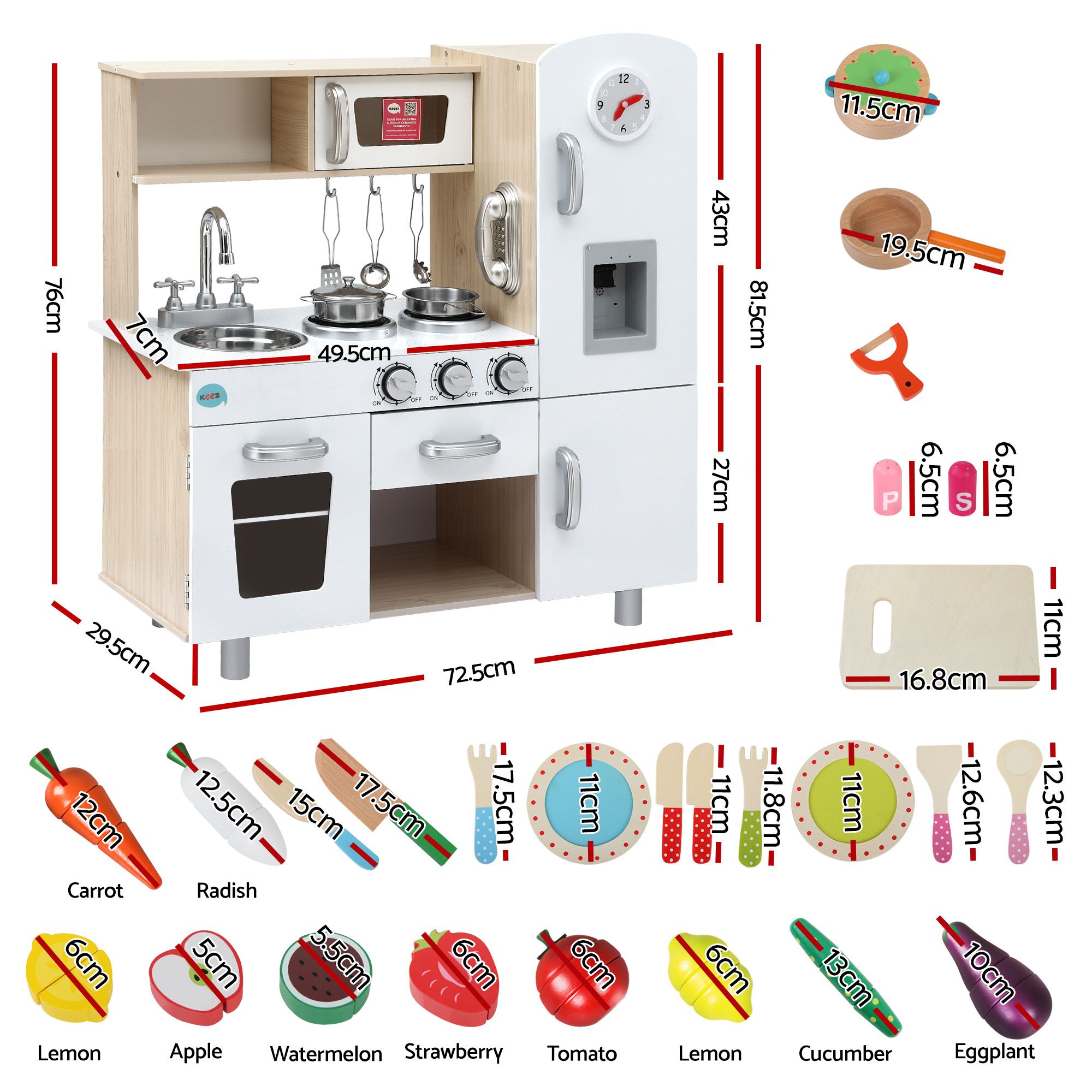 Keezi Kids Wooden Pretend Kitchen Playset with 29pc Cutting Food Set - Image 2