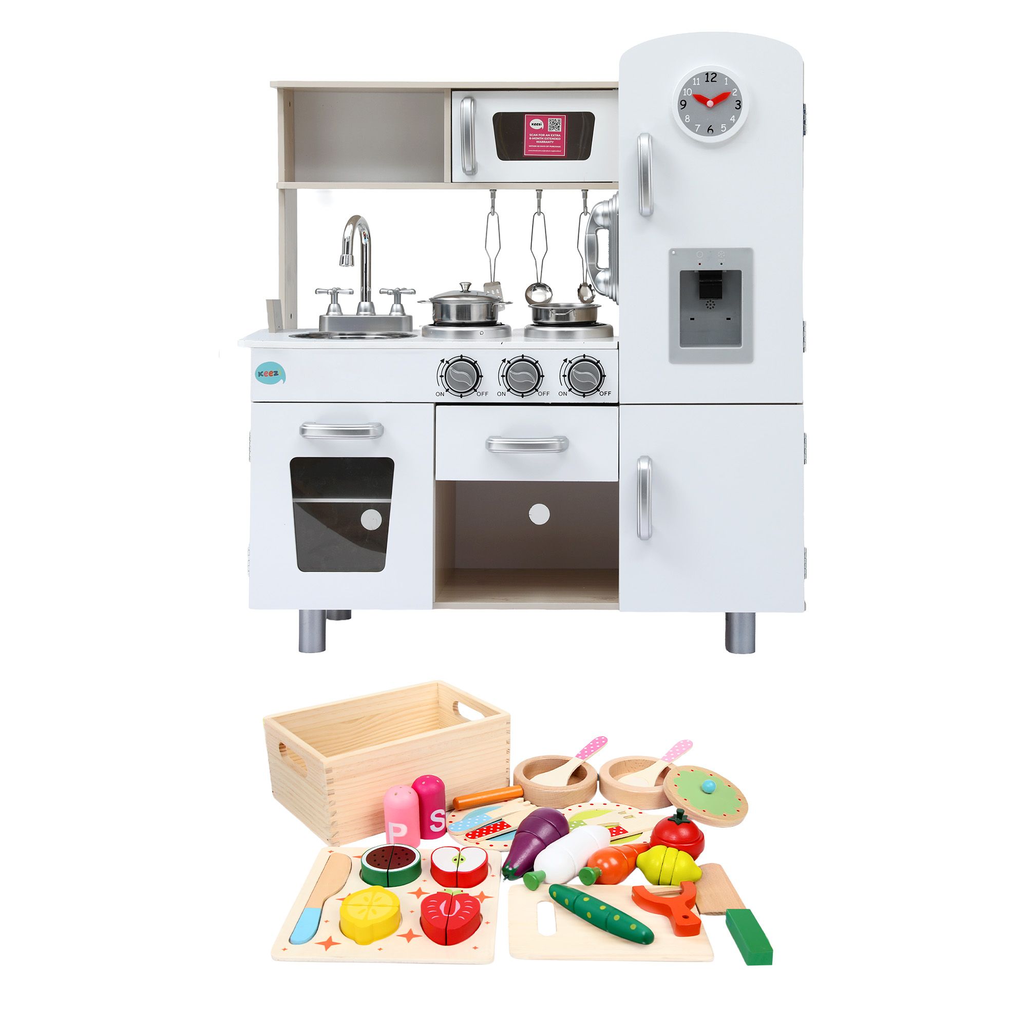 Keezi Kids Wooden Pretend Kitchen Playset with 29pc Cutting Food Set - Image 3
