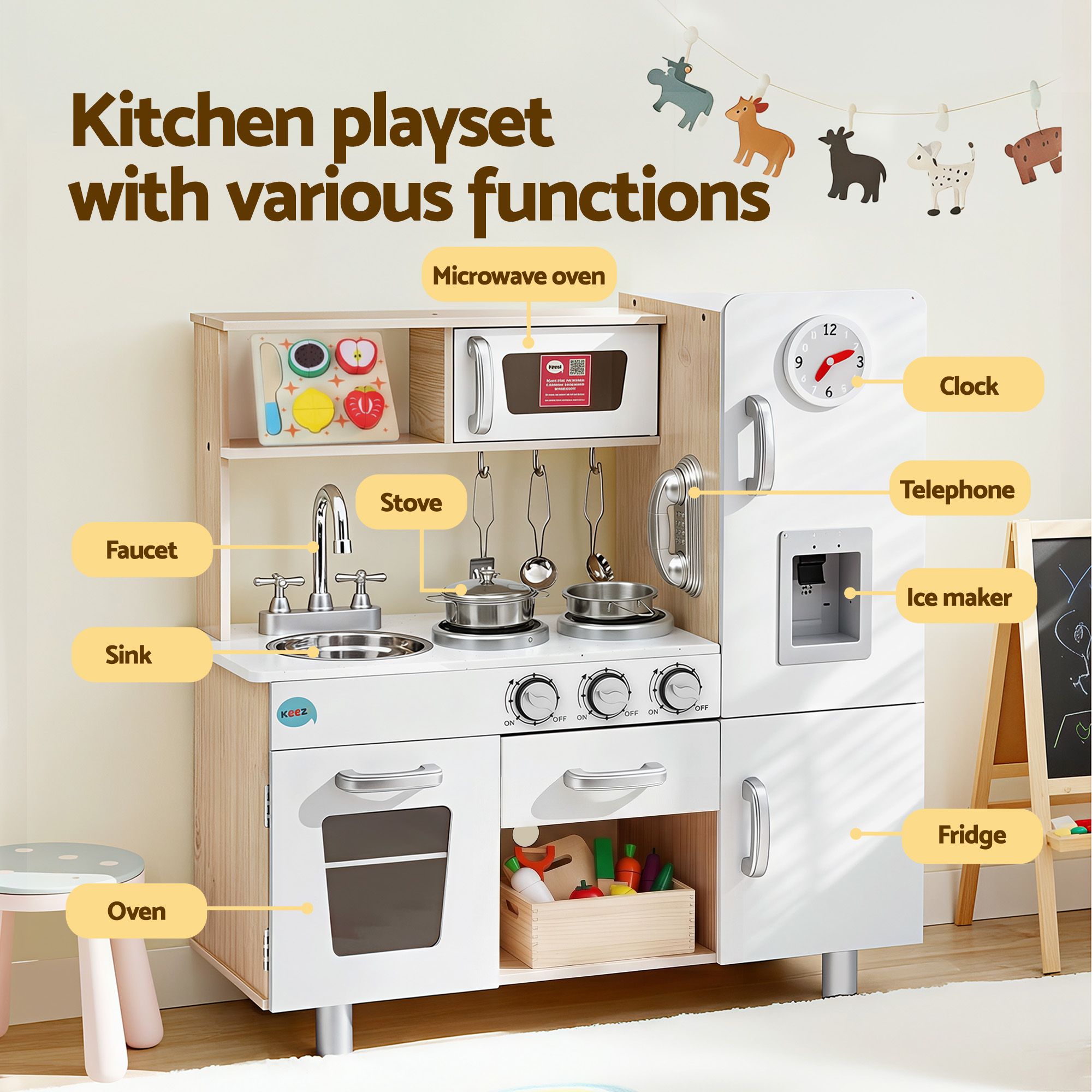 Keezi Kids Wooden Pretend Kitchen Playset with 29pc Cutting Food Set - Image 4
