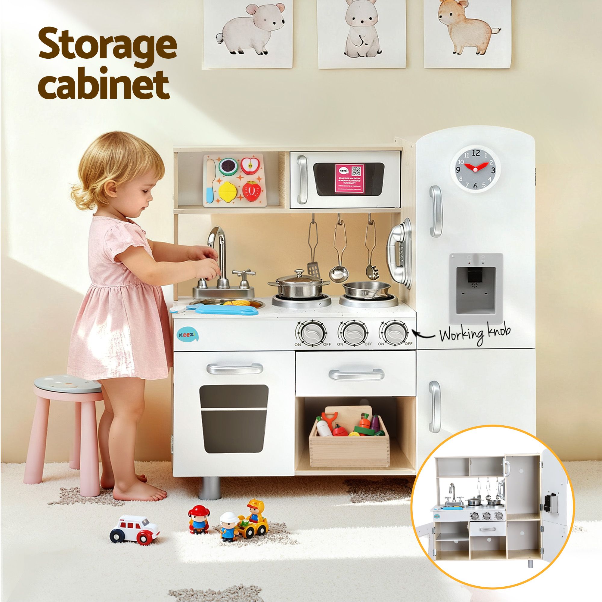 Keezi Kids Wooden Pretend Kitchen Playset with 29pc Cutting Food Set - Image 6