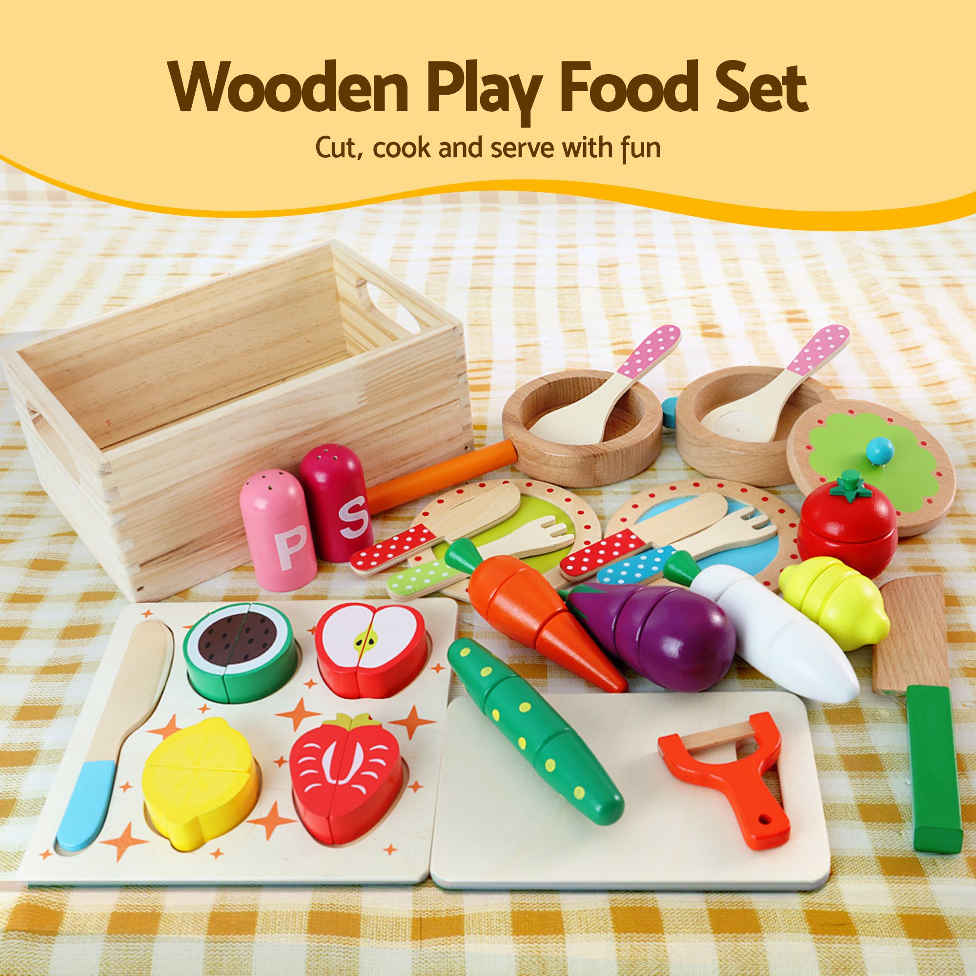 Keezi Kids Wooden Pretend Kitchen Playset with 29pc Cutting Food Set - Image 7