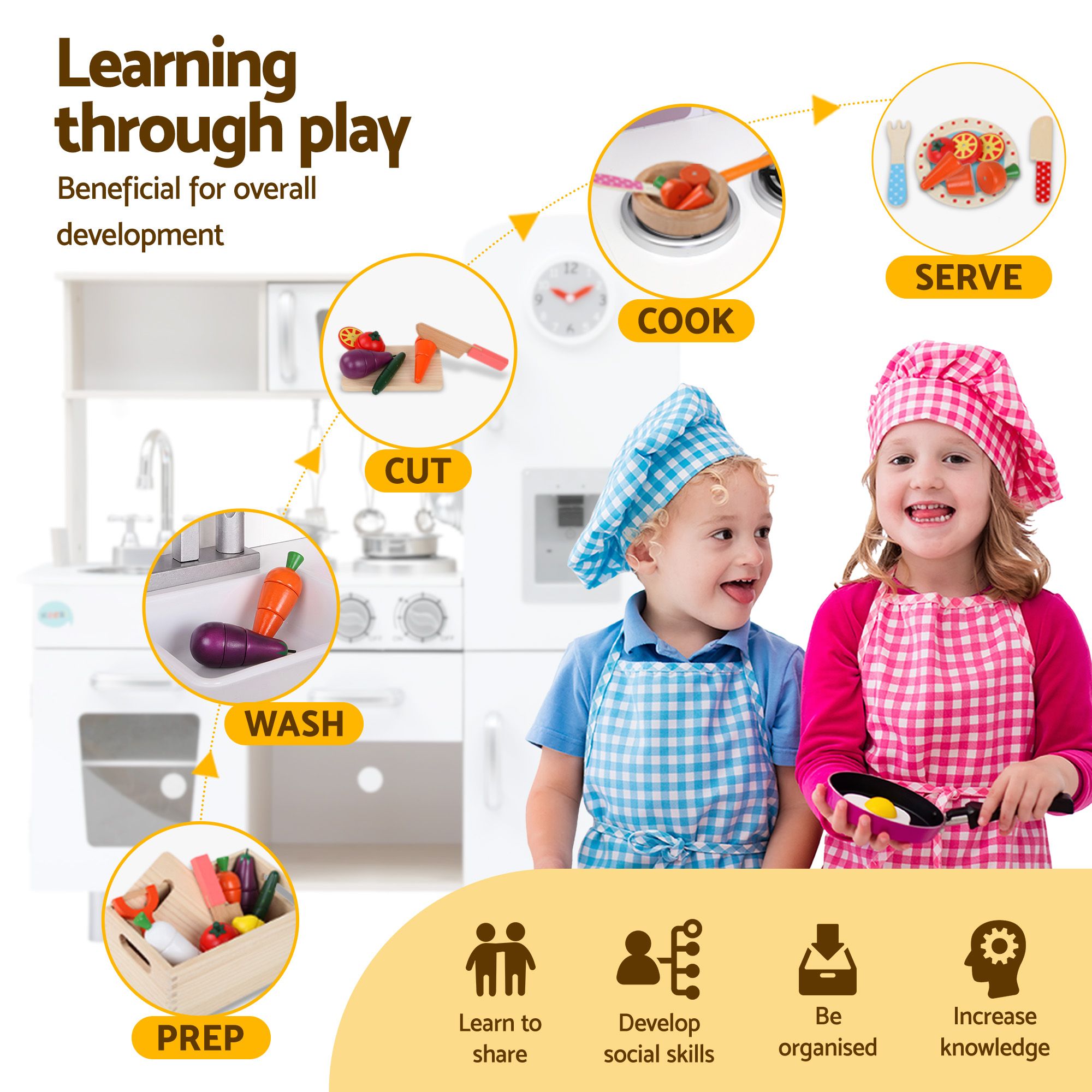 Keezi Kids Wooden Pretend Kitchen Playset with 29pc Cutting Food Set - Image 8