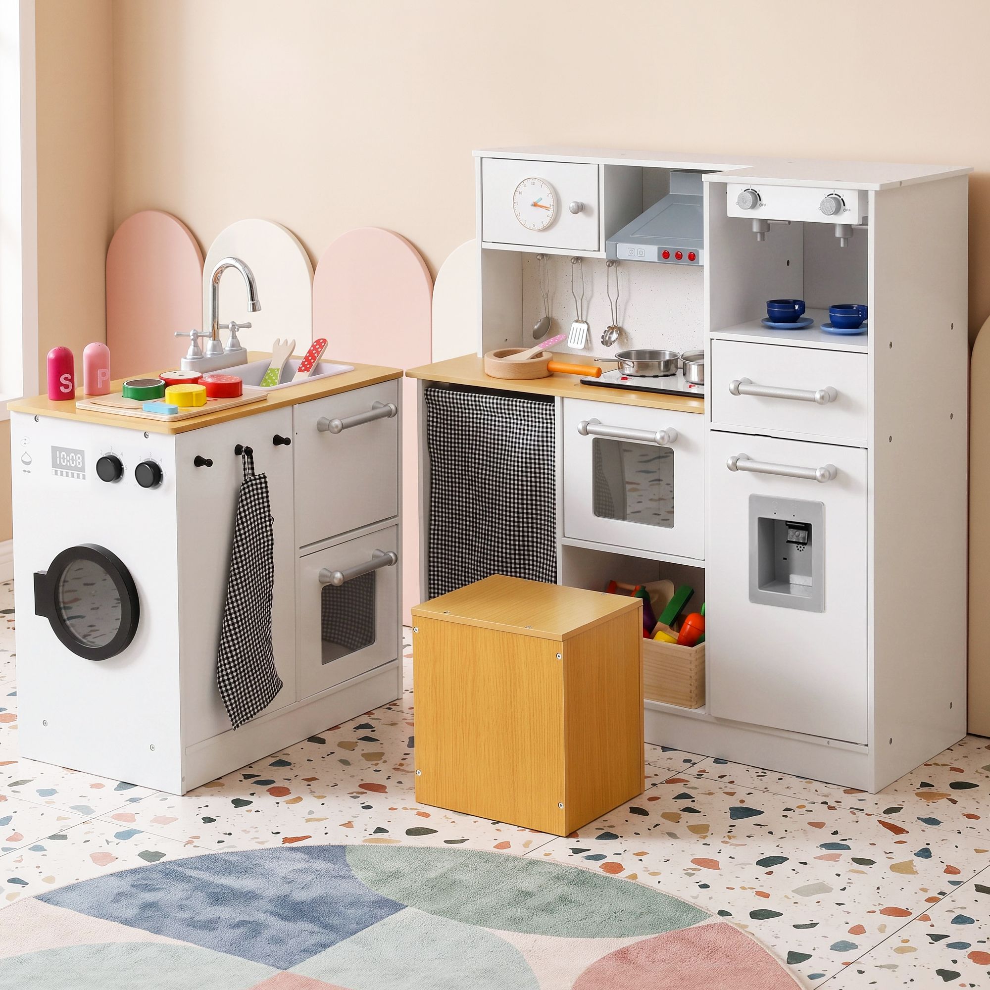 Keezi Kids Wooden Kitchen Playset 2-piece Pretend Toy Kitchen 29pc Food Set - Image 1