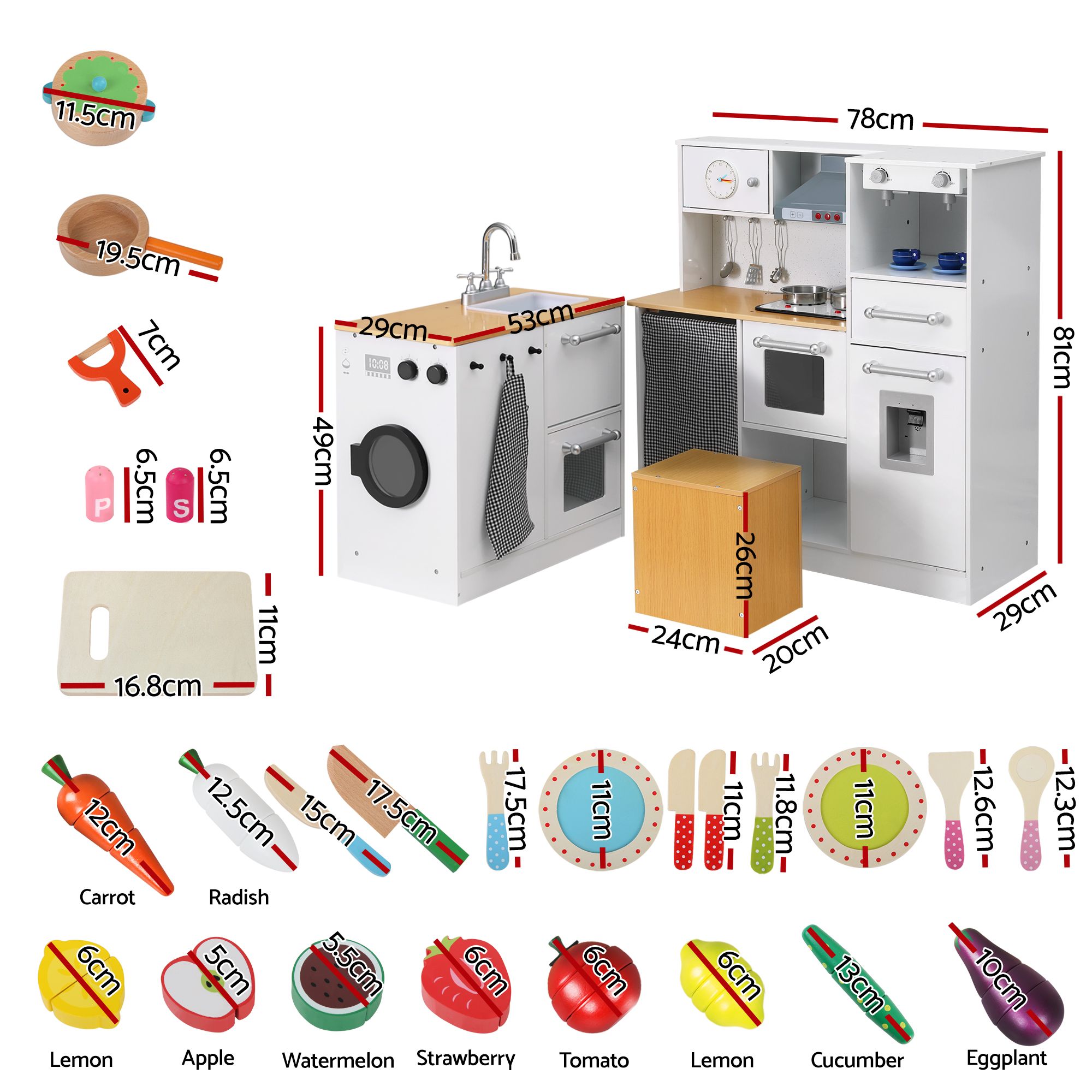 Keezi Kids Wooden Kitchen Playset 2-piece Pretend Toy Kitchen 29pc Food Set - Image 2