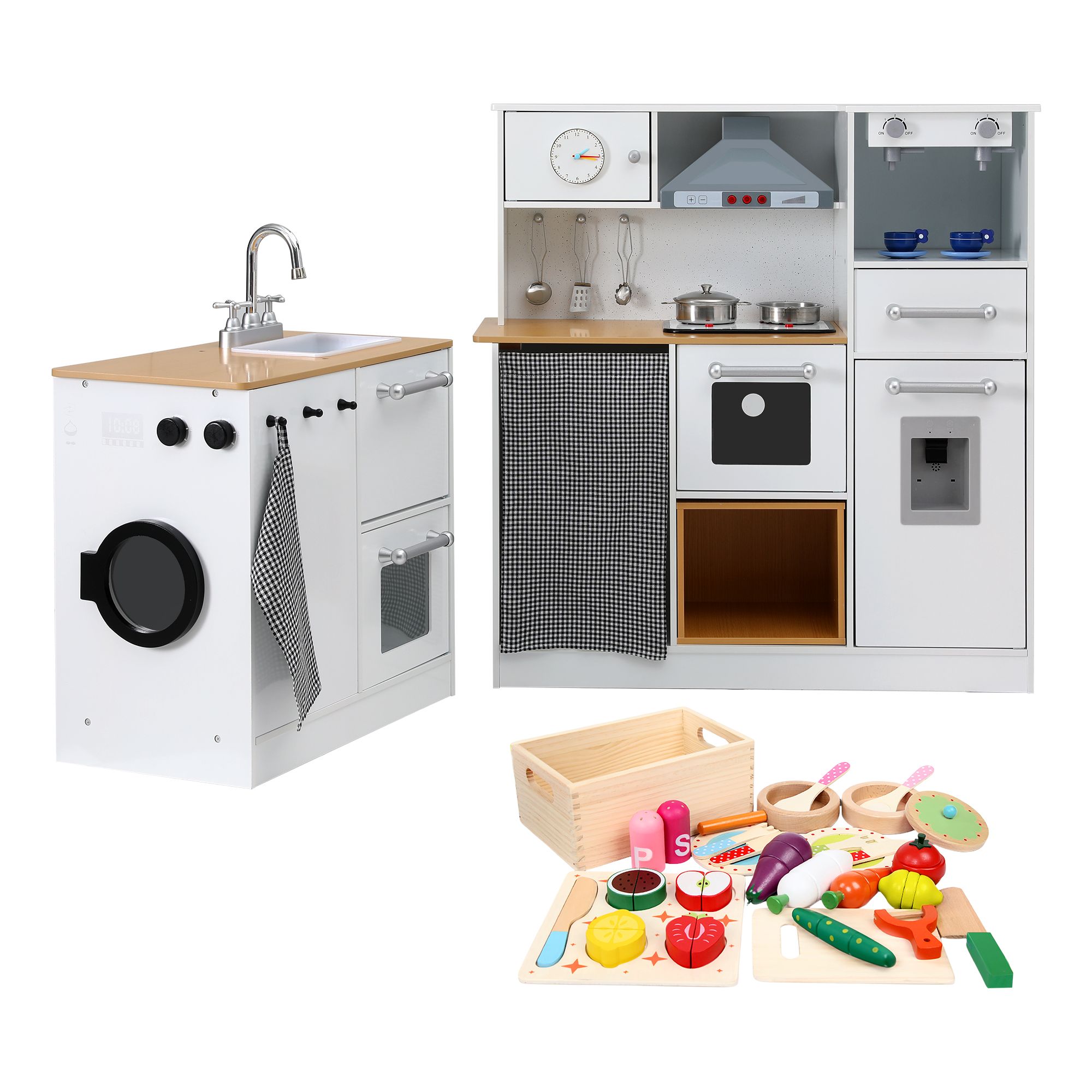 Keezi Kids Wooden Kitchen Playset 2-piece Pretend Toy Kitchen 29pc Food Set - Image 3