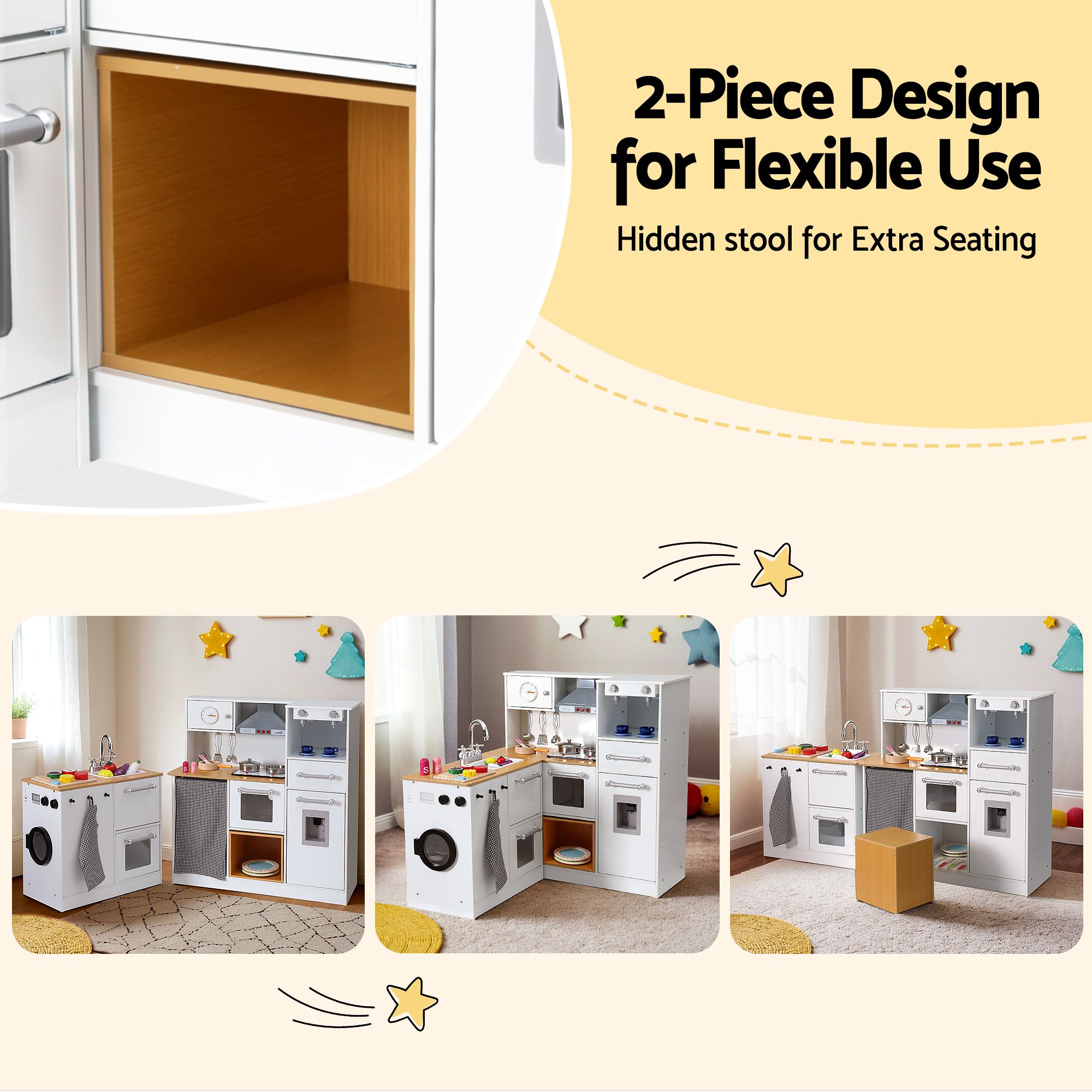 Keezi Kids Wooden Kitchen Playset 2-piece Pretend Toy Kitchen 29pc Food Set - Image 4