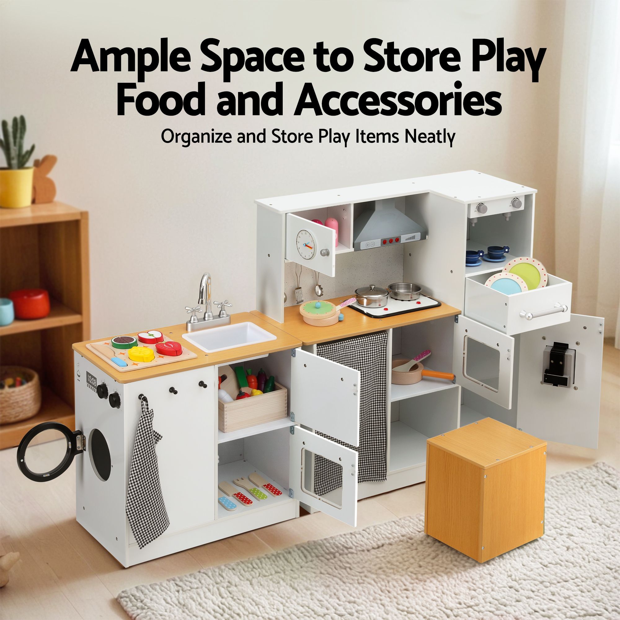 Keezi Kids Wooden Kitchen Playset 2-piece Pretend Toy Kitchen 29pc Food Set - Image 6