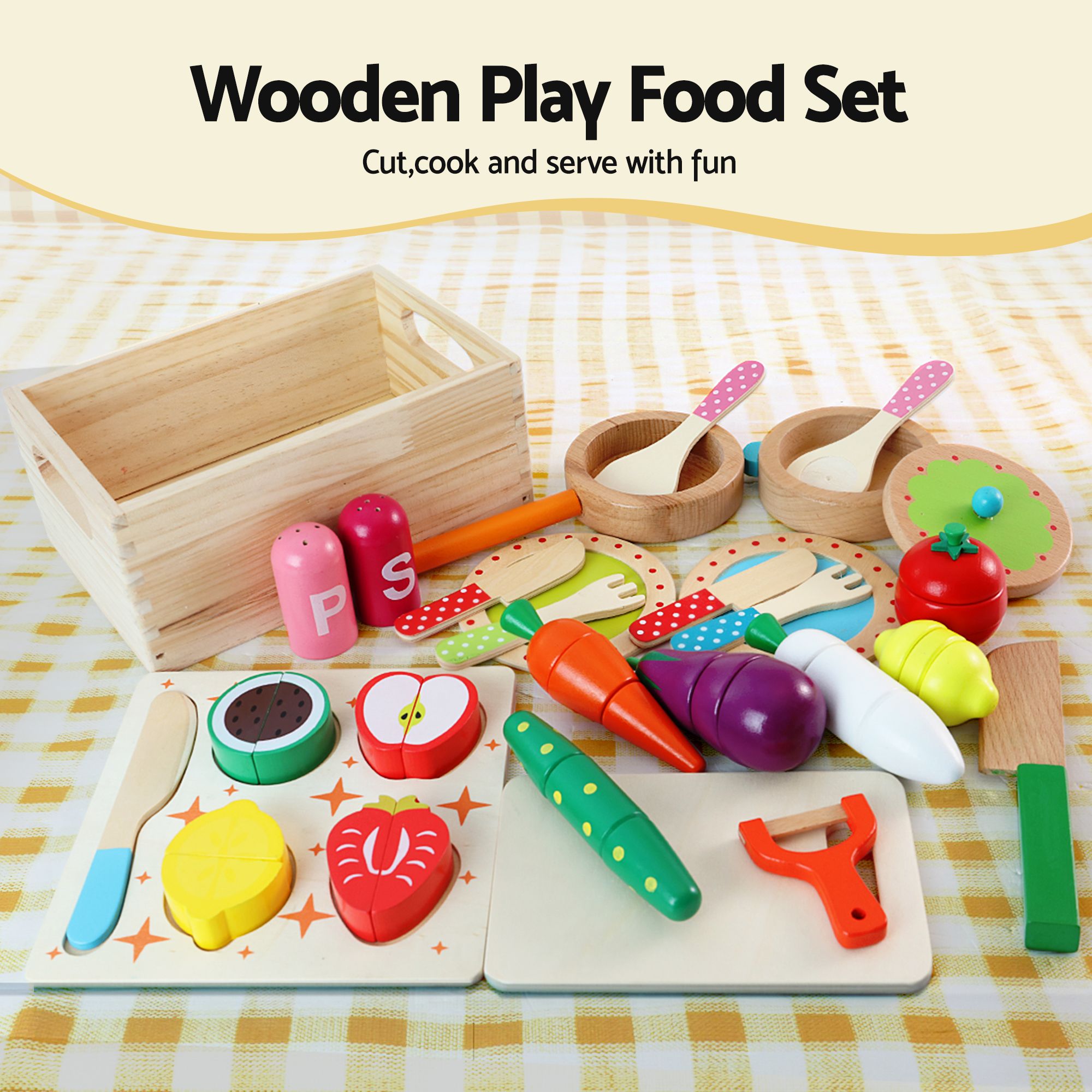 Keezi Kids Wooden Kitchen Playset 2-piece Pretend Toy Kitchen 29pc Food Set - Image 7