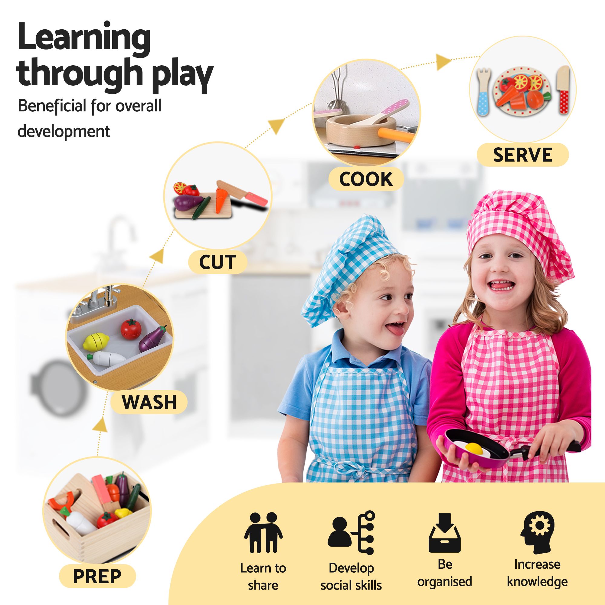 Keezi Kids Wooden Kitchen Playset 2-piece Pretend Toy Kitchen 29pc Food Set - Image 8
