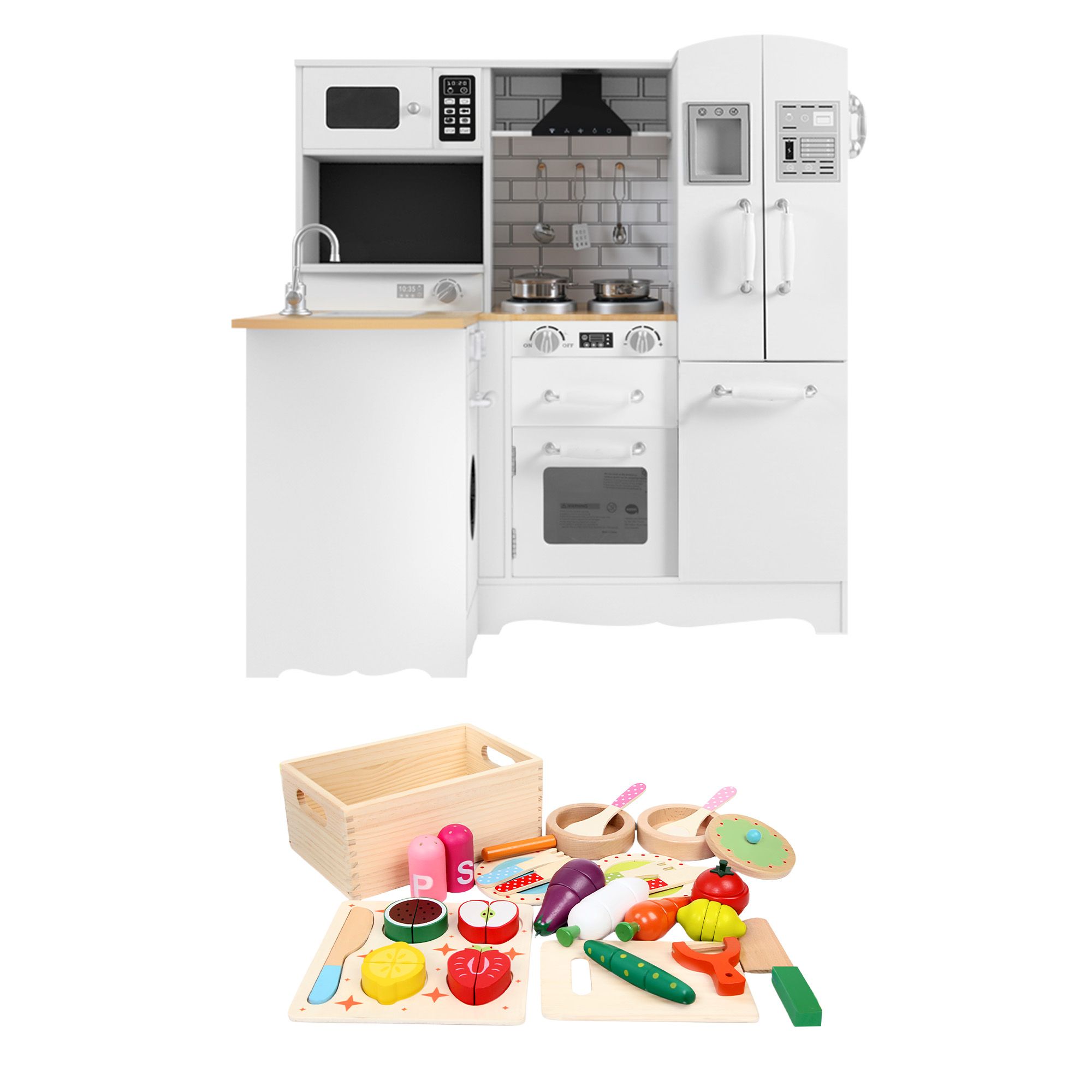 Keezi Kids Wooden Toy Kitchen with 29pc Play Food and Cookware Set - Image 3