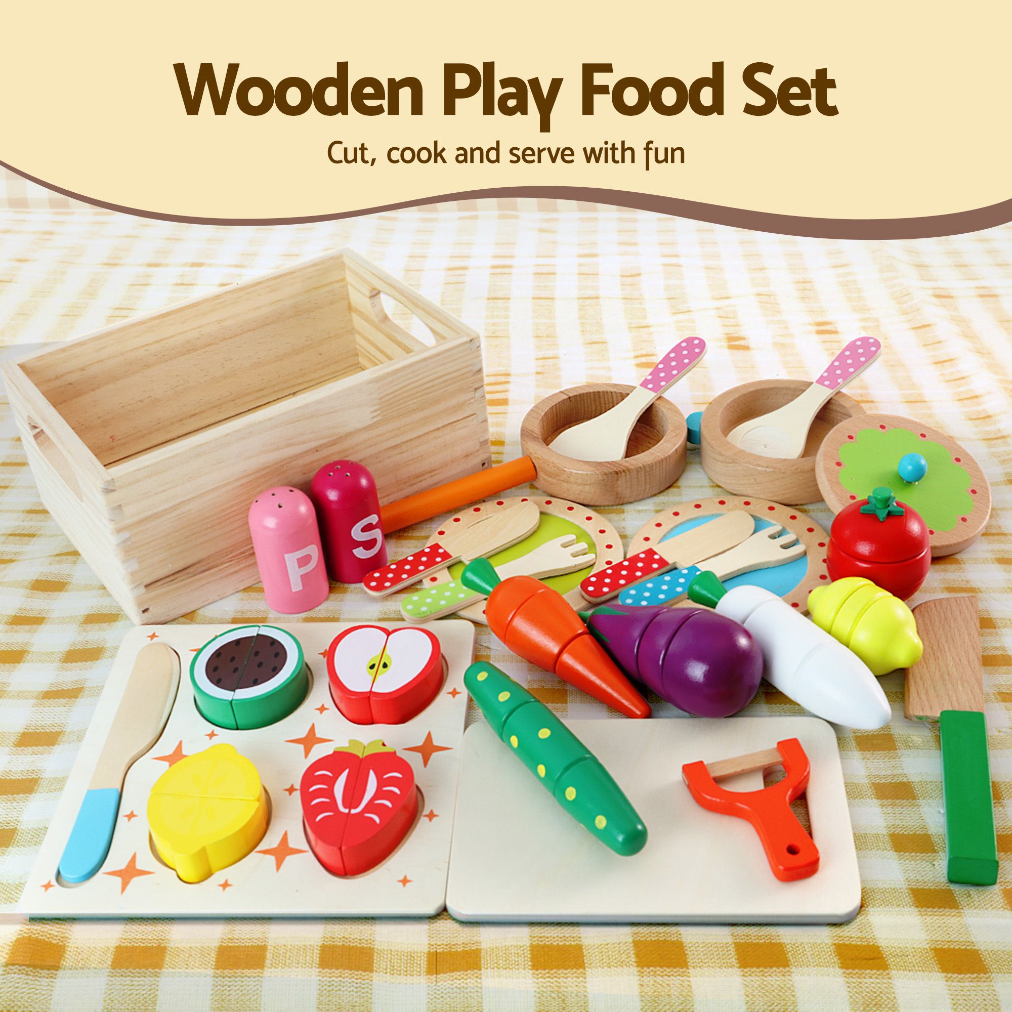 Keezi Kids Wooden Toy Kitchen with 29pc Play Food and Cookware Set - Image 7