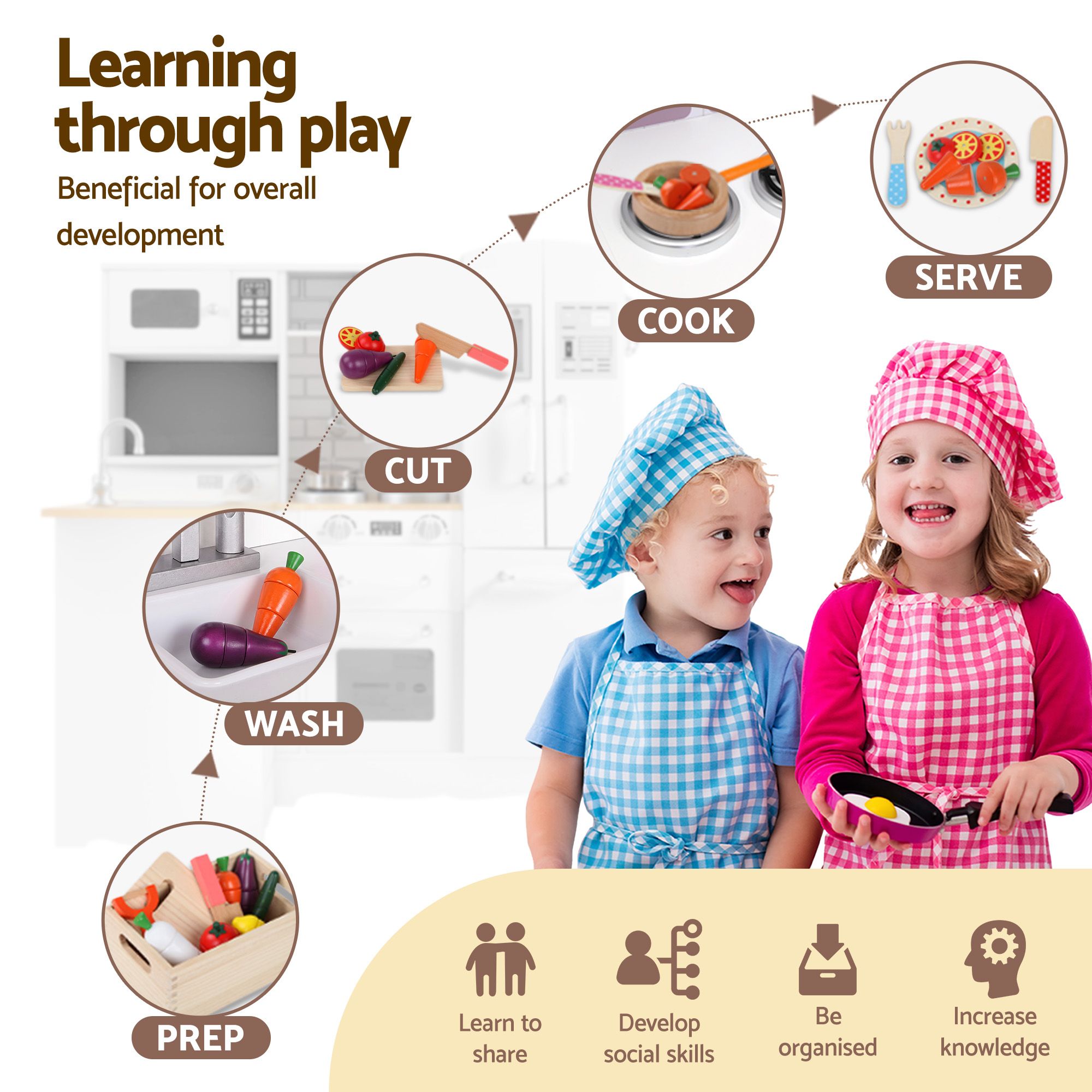 Keezi Kids Wooden Toy Kitchen with 29pc Play Food and Cookware Set - Image 8