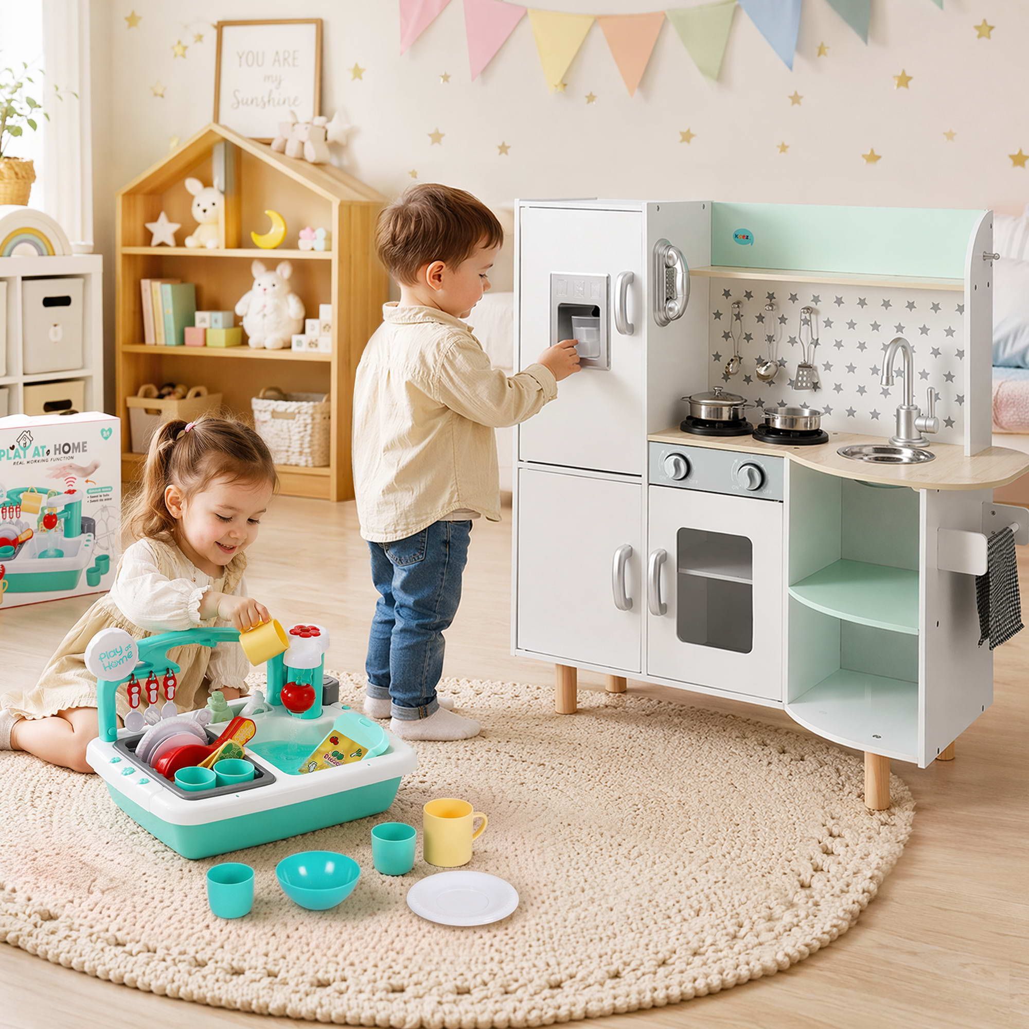Keezi Kid Pretend Kitchen Wooden Play Sink Playset Dishwasher Toys Green - Image 1