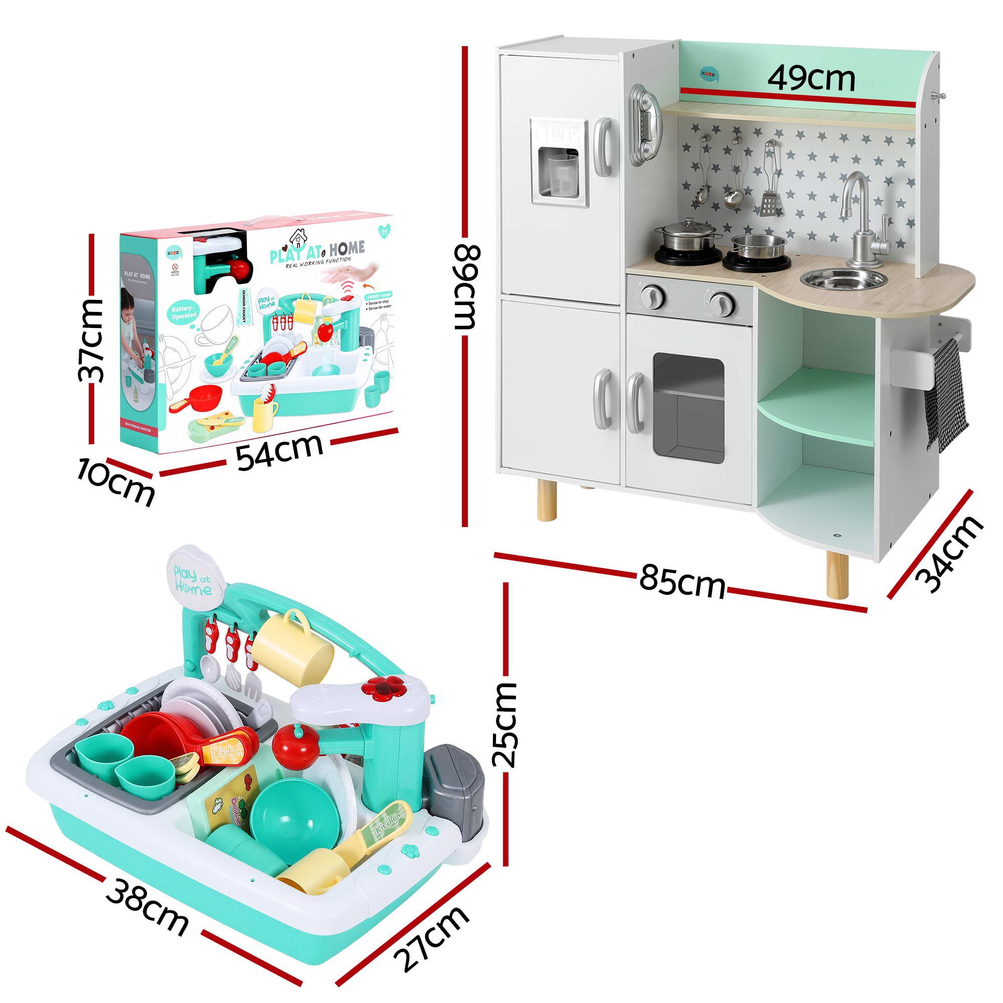 Keezi Kid Pretend Kitchen Wooden Play Sink Playset Dishwasher Toys Green - Image 2