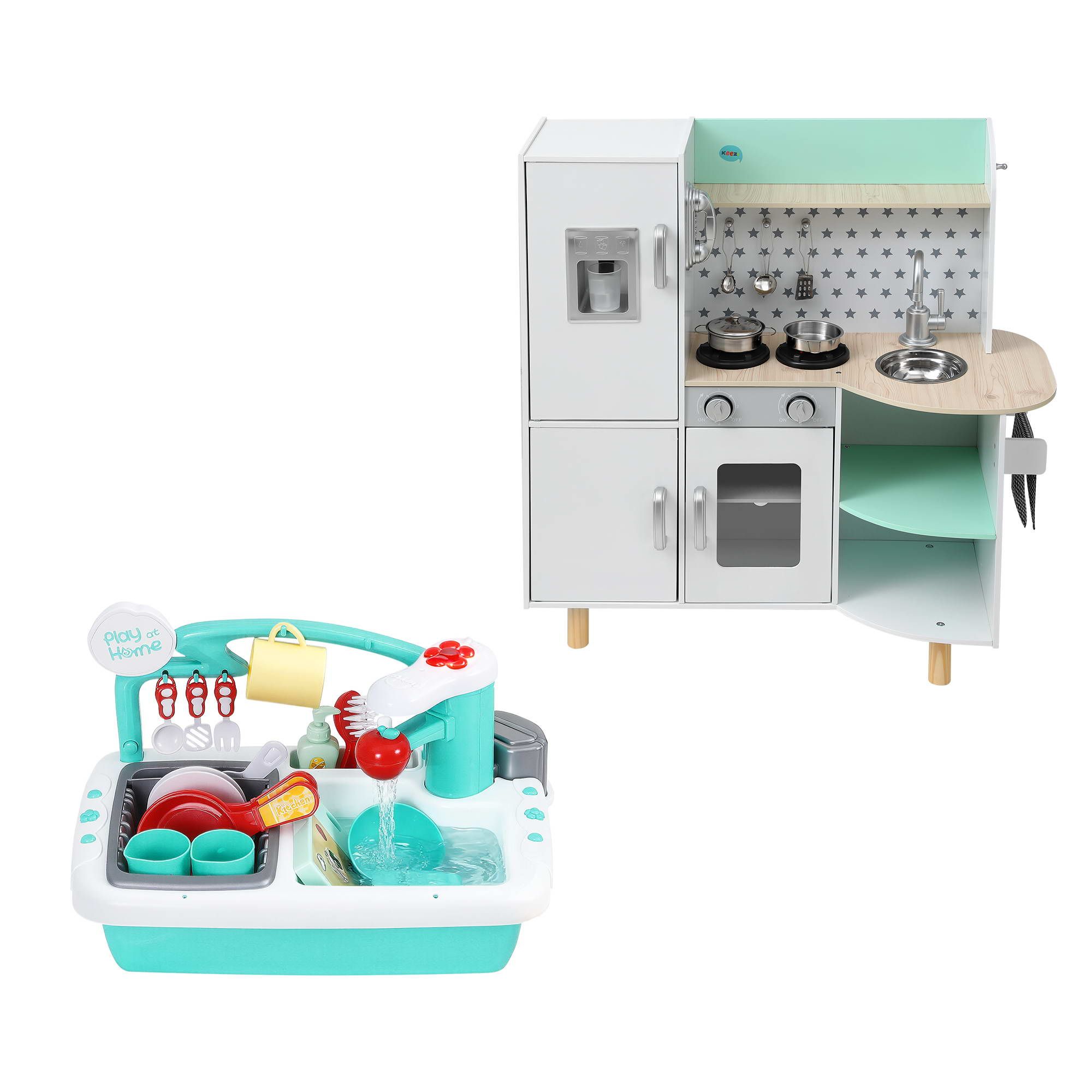 Keezi Kid Pretend Kitchen Wooden Play Sink Playset Dishwasher Toys Green - Image 3