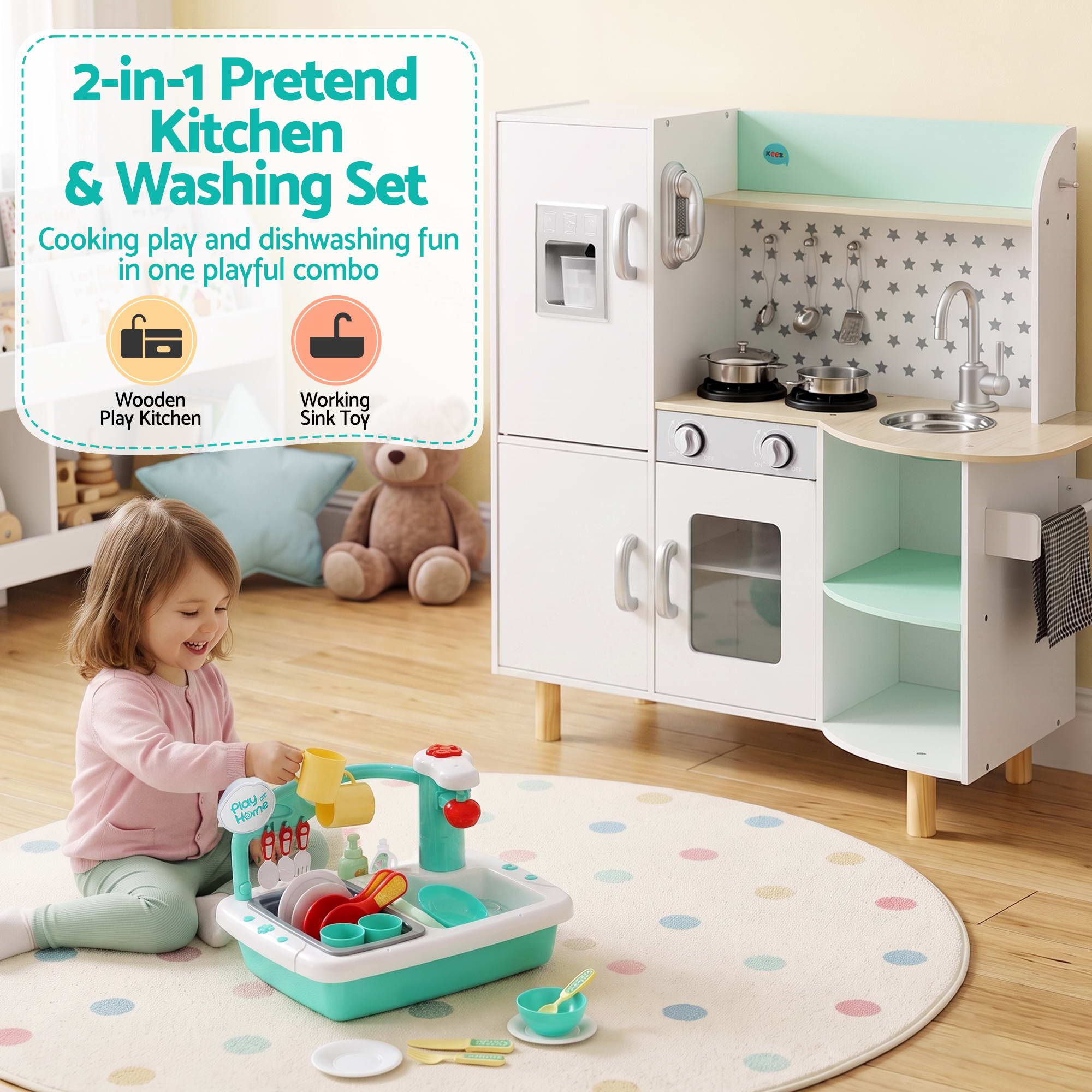 Keezi Kid Pretend Kitchen Wooden Play Sink Playset Dishwasher Toys Green - Image 4