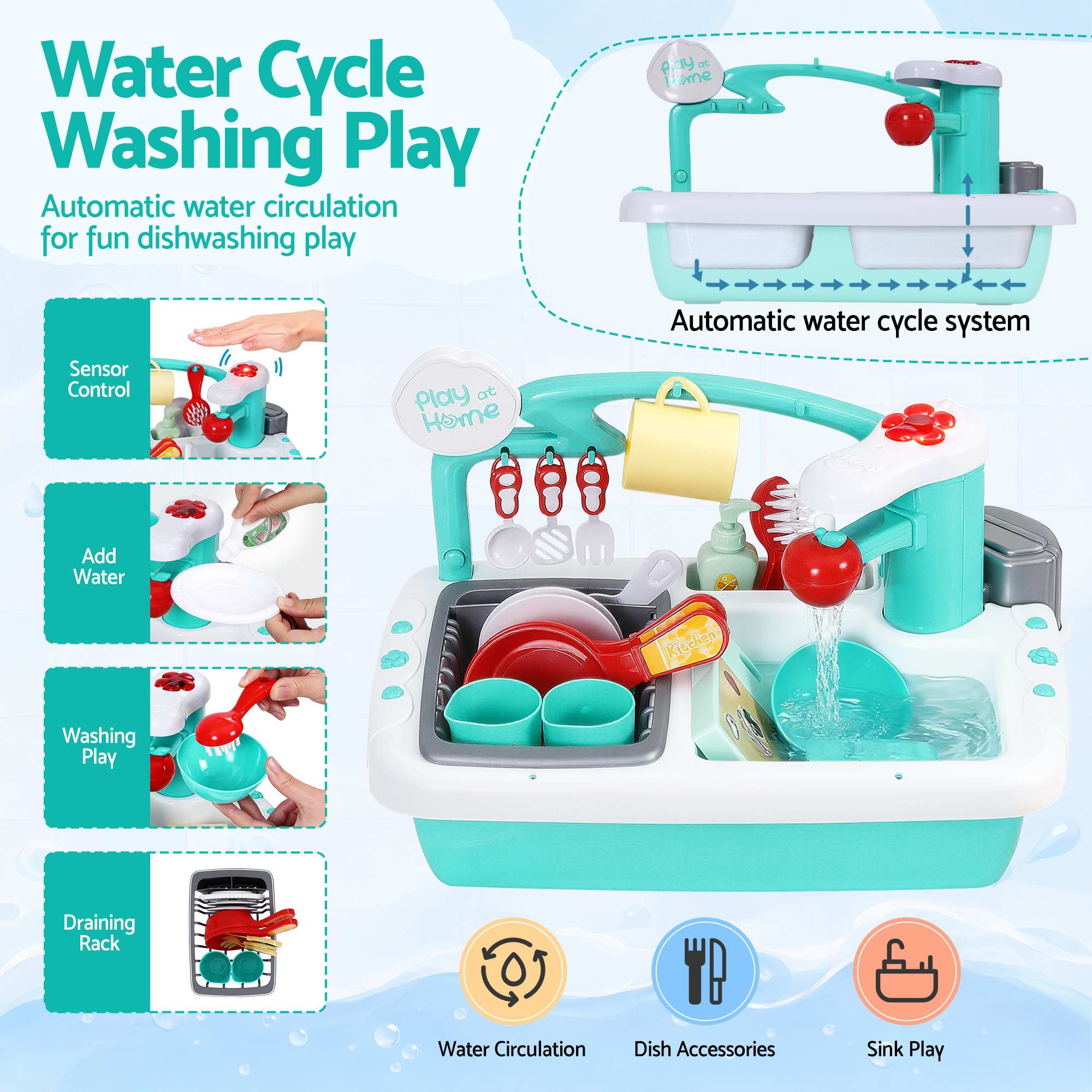 Keezi Kid Pretend Kitchen Wooden Play Sink Playset Dishwasher Toys Green - Image 5