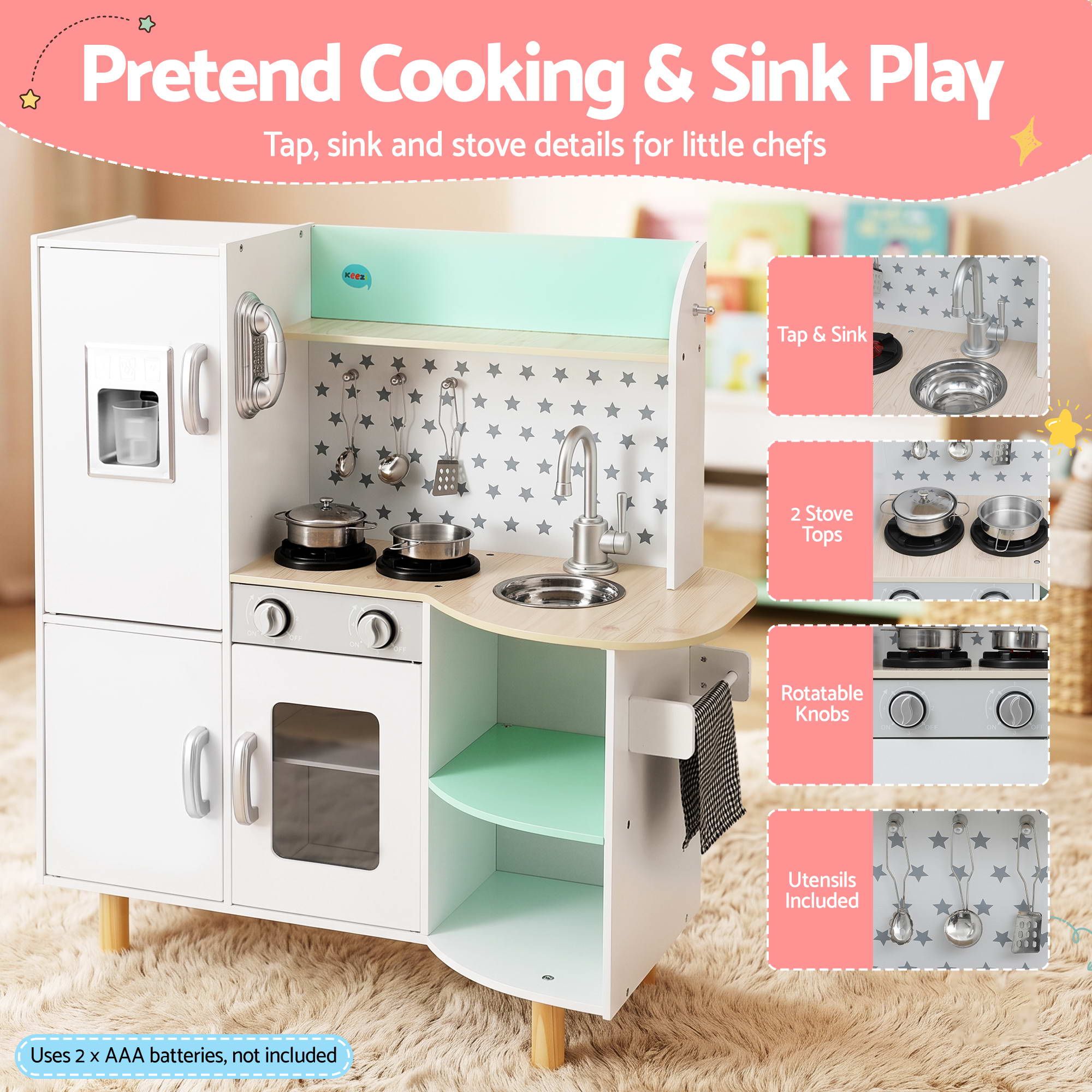 Keezi Kid Pretend Kitchen Wooden Play Sink Playset Dishwasher Toys Green - Image 6