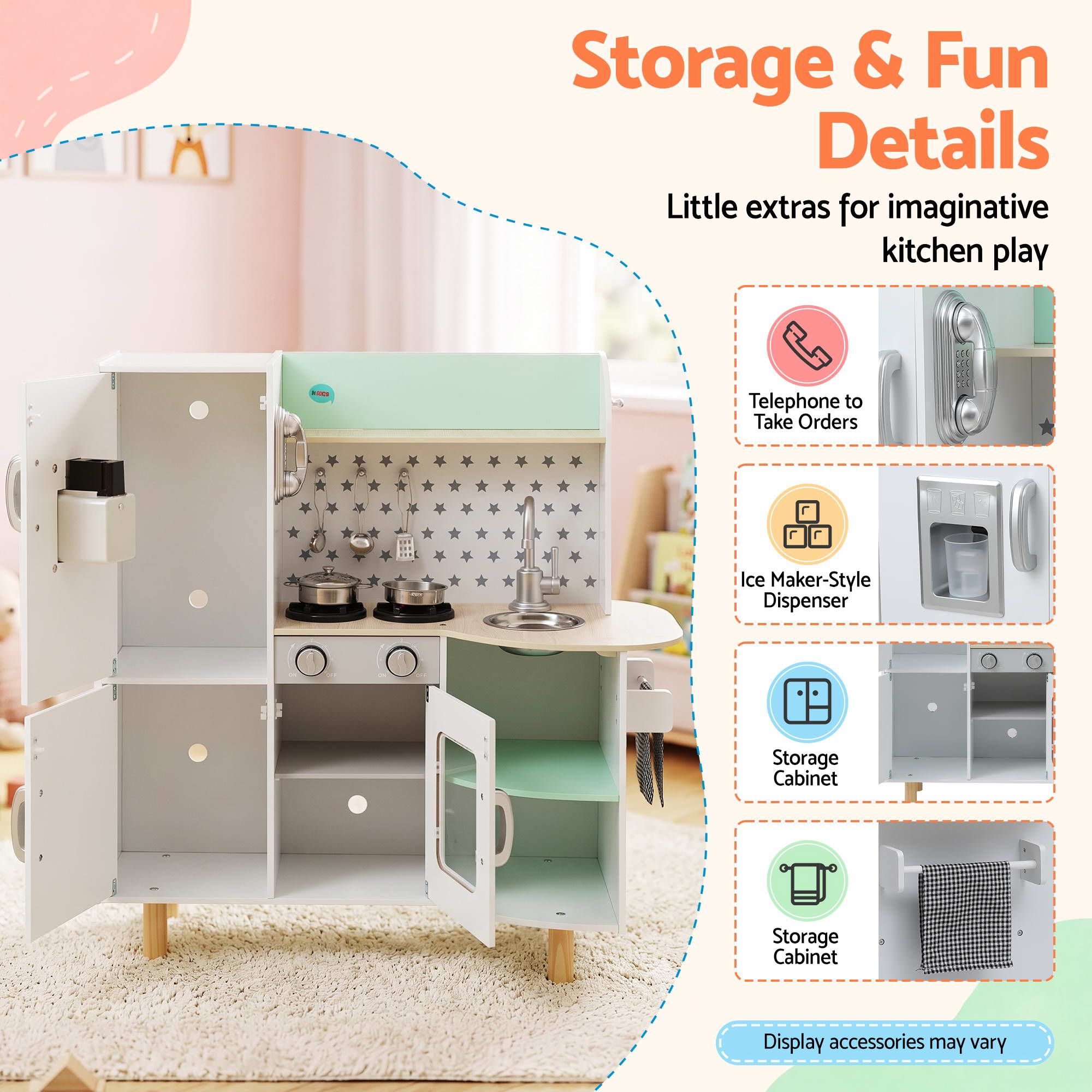 Keezi Kid Pretend Kitchen Wooden Play Sink Playset Dishwasher Toys Green - Image 7
