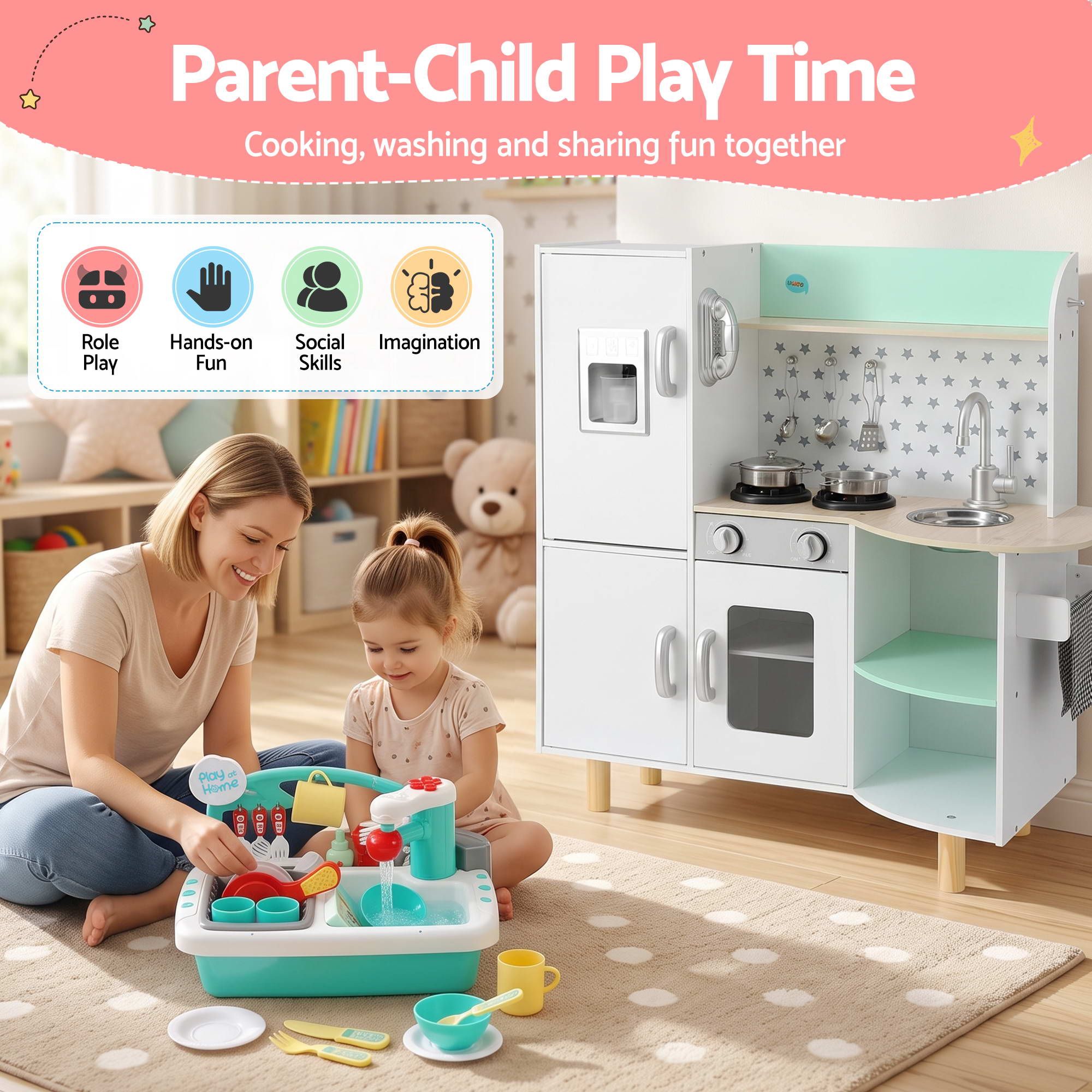 Keezi Kid Pretend Kitchen Wooden Play Sink Playset Dishwasher Toys Green - Image 8