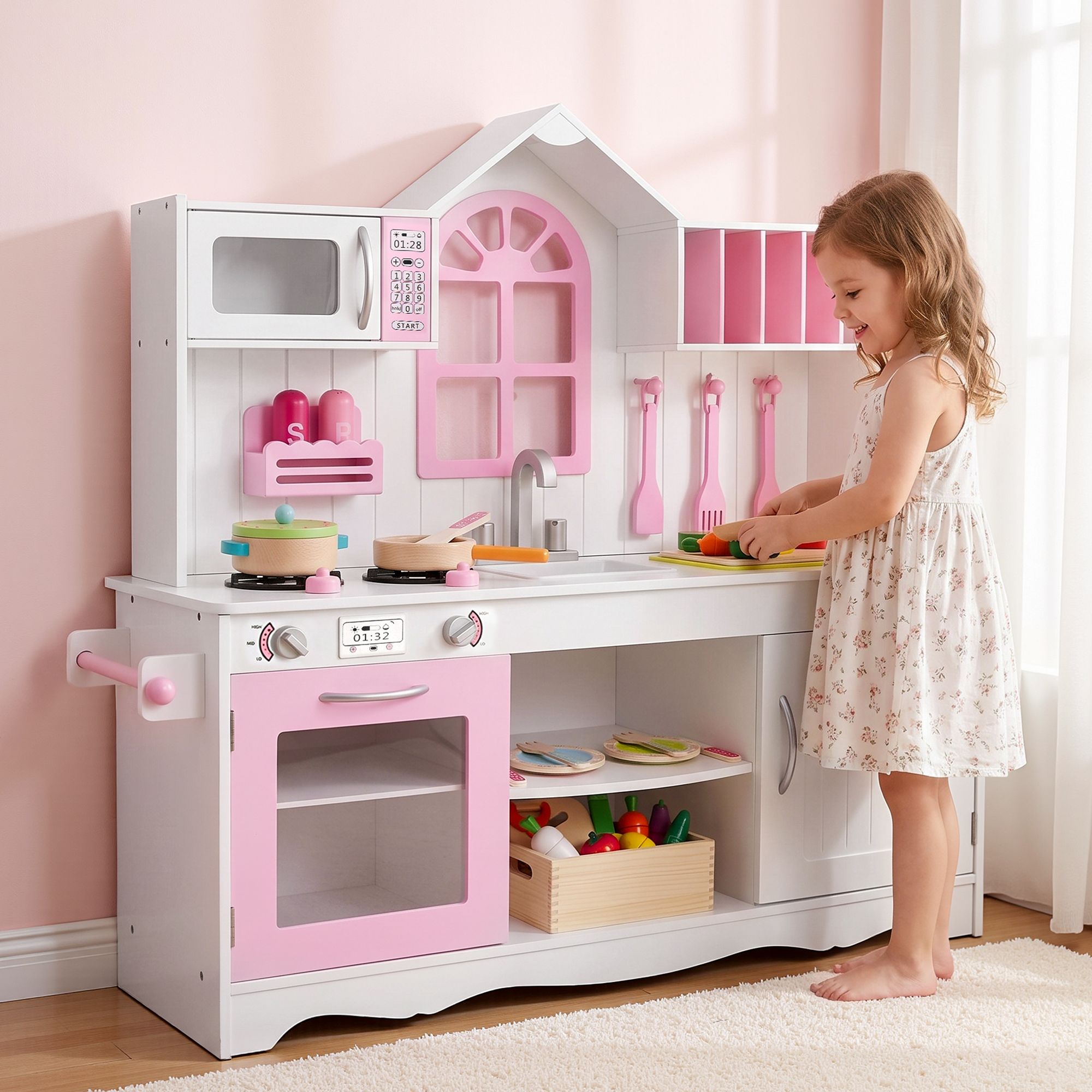 Keezi Wooden Kids Pretend Kitchen Playset with 29pc Food Set Pink White - Image 1