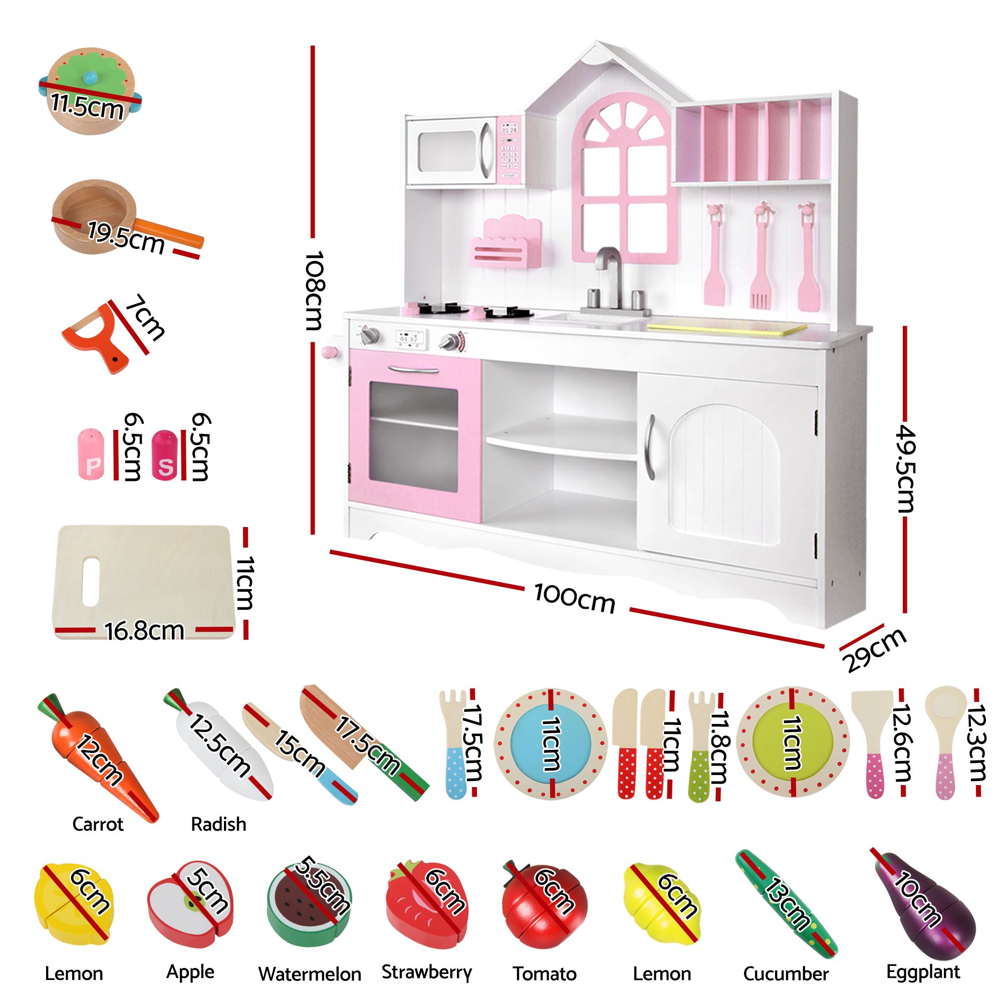 Keezi Wooden Kids Pretend Kitchen Playset with 29pc Food Set Pink White - Image 2