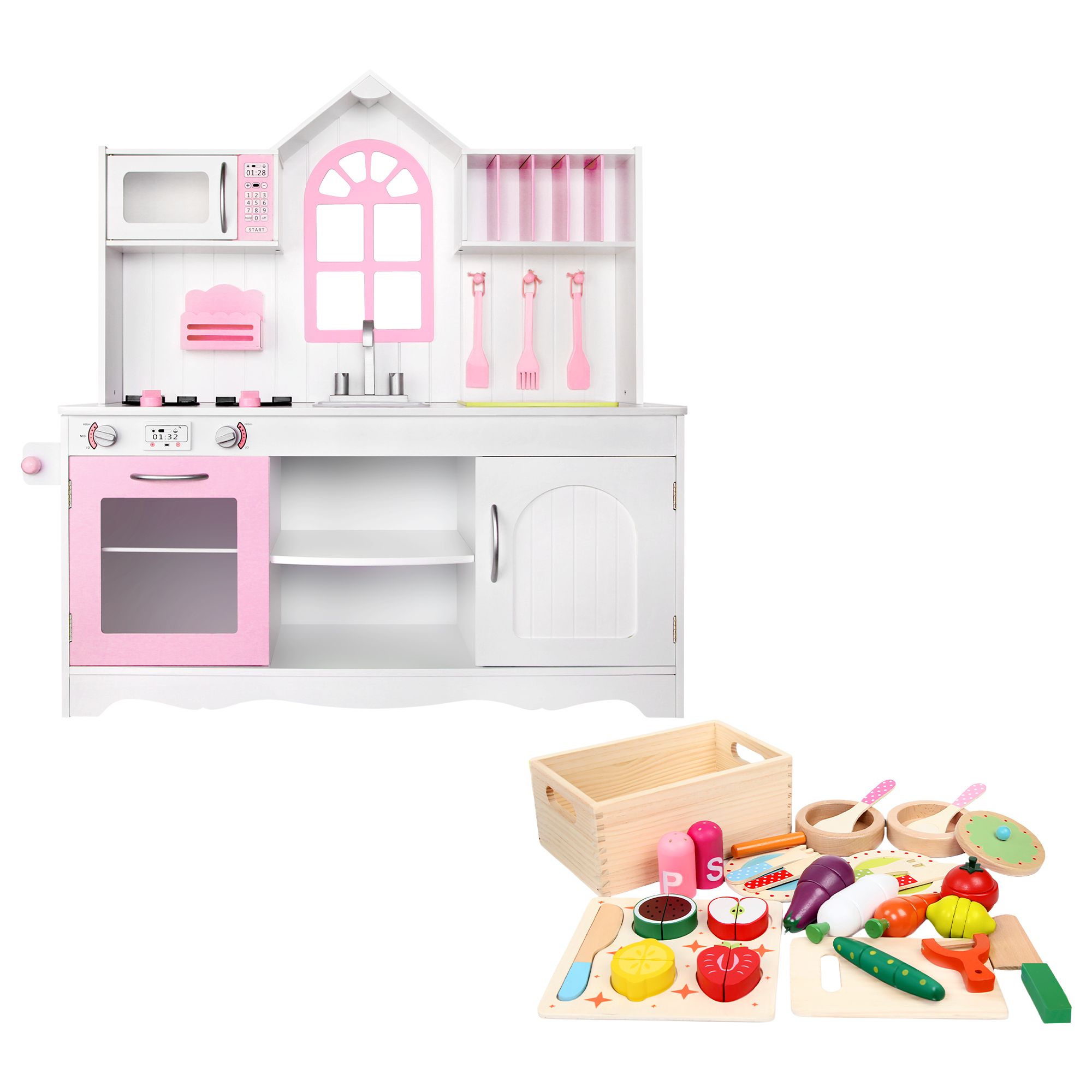 Keezi Wooden Kids Pretend Kitchen Playset with 29pc Food Set Pink White - Image 3