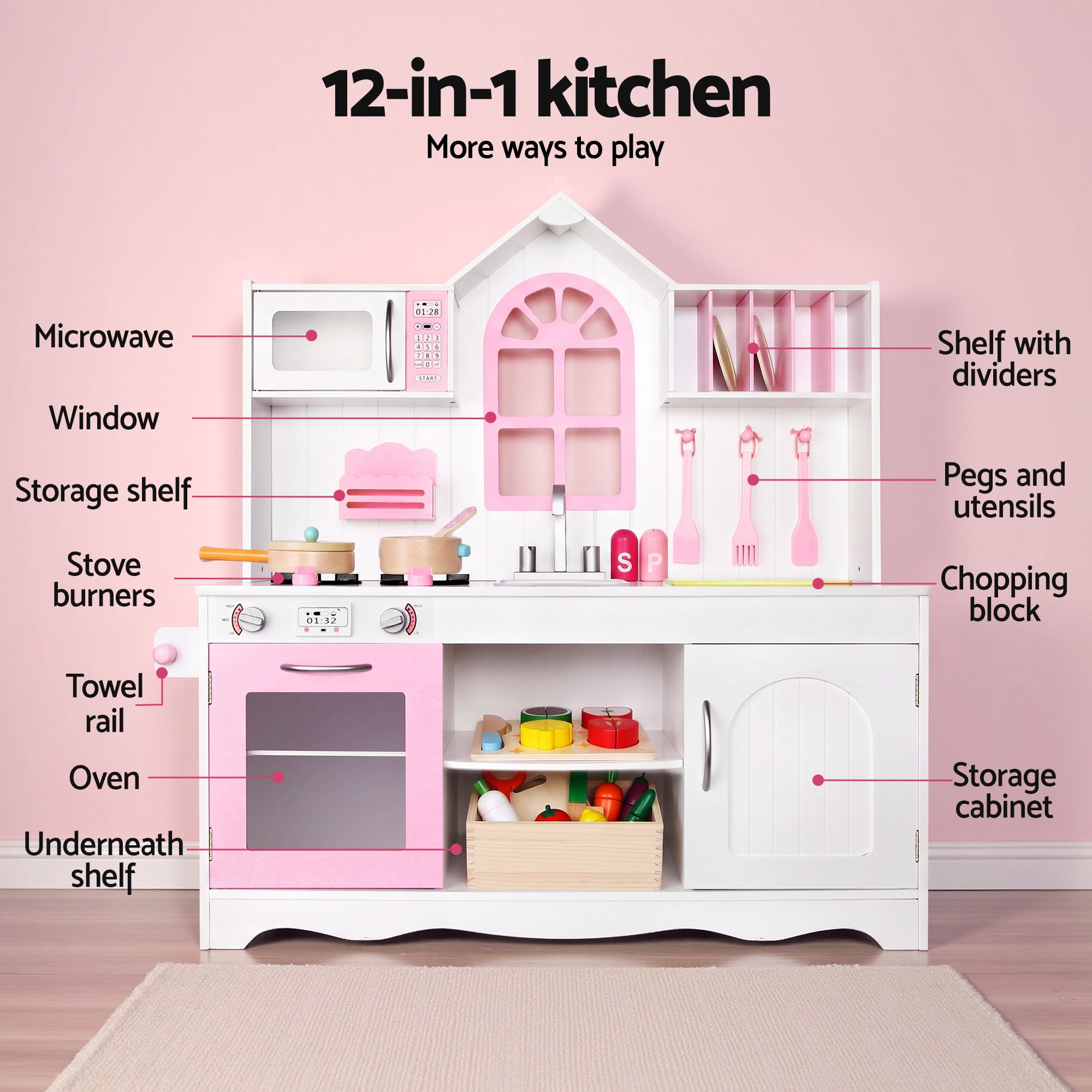 Keezi Wooden Kids Pretend Kitchen Playset with 29pc Food Set Pink White - Image 4