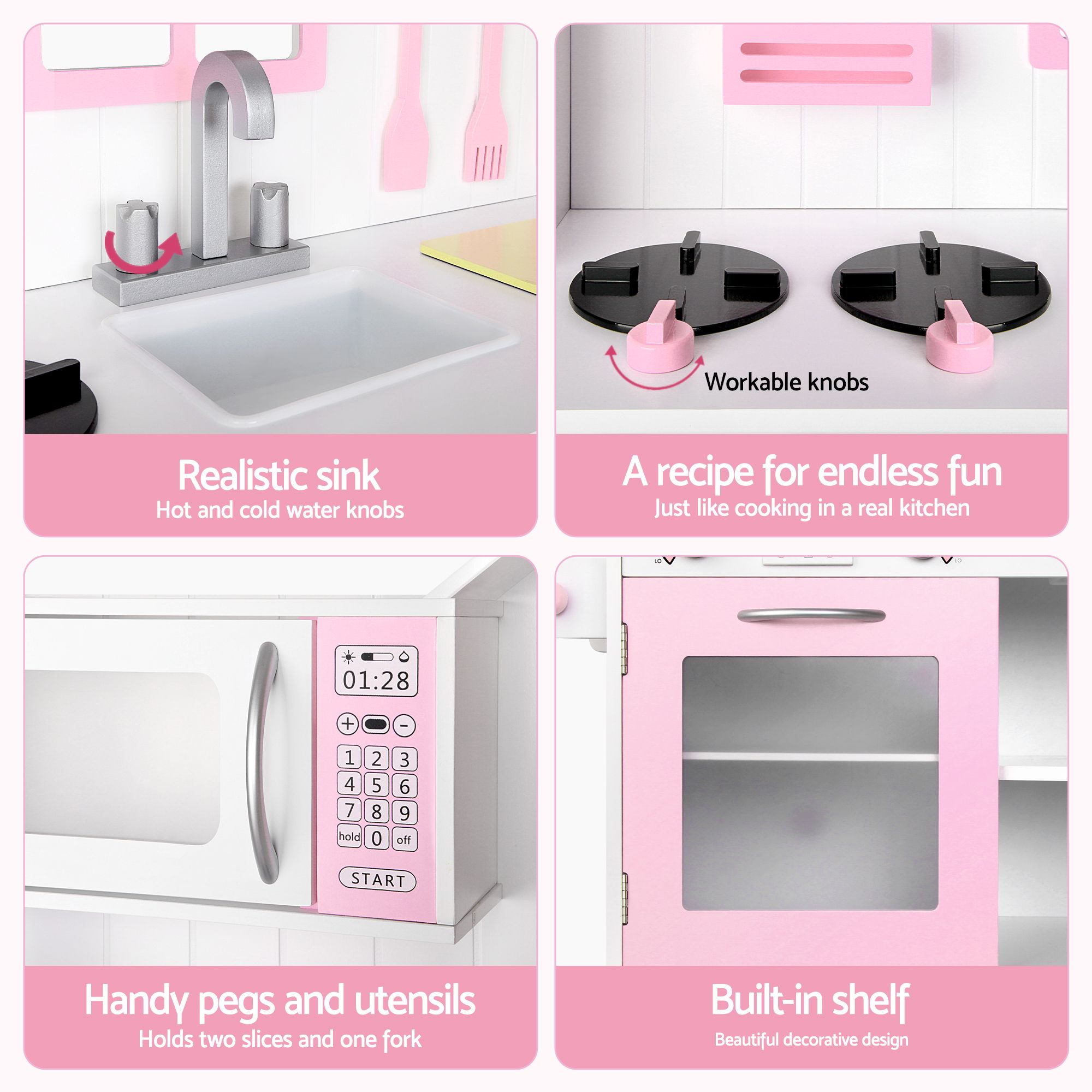 Keezi Wooden Kids Pretend Kitchen Playset with 29pc Food Set Pink White - Image 5