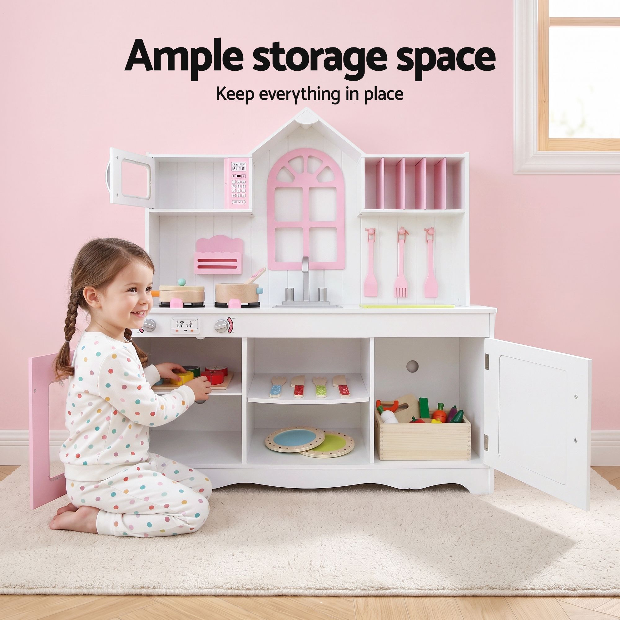Keezi Wooden Kids Pretend Kitchen Playset with 29pc Food Set Pink White - Image 6
