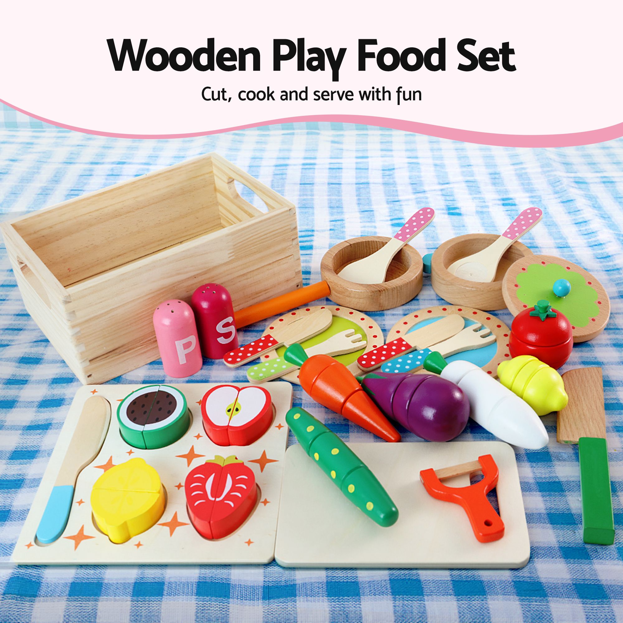 Keezi Wooden Kids Pretend Kitchen Playset with 29pc Food Set Pink White - Image 7