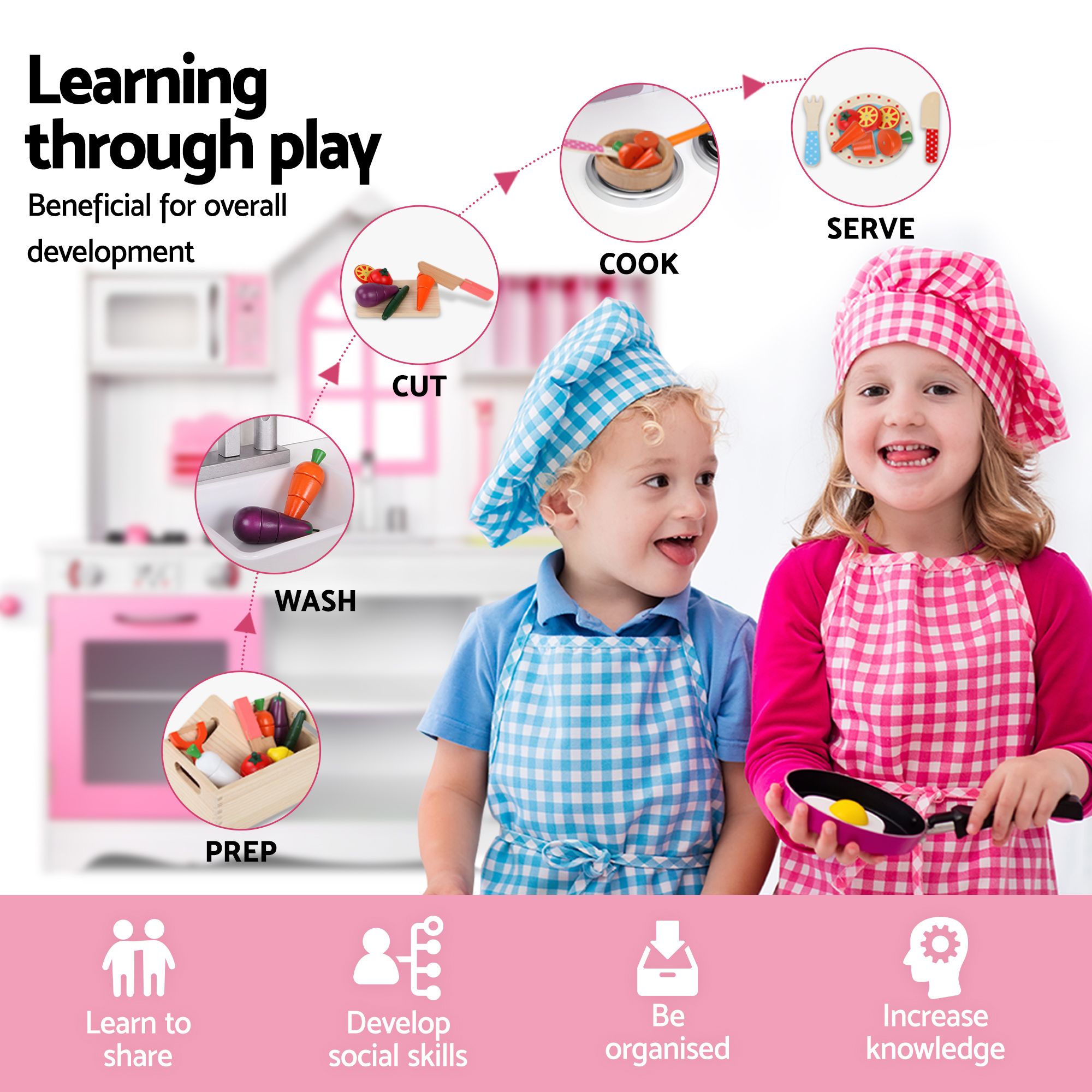 Keezi Wooden Kids Pretend Kitchen Playset with 29pc Food Set Pink White - Image 8