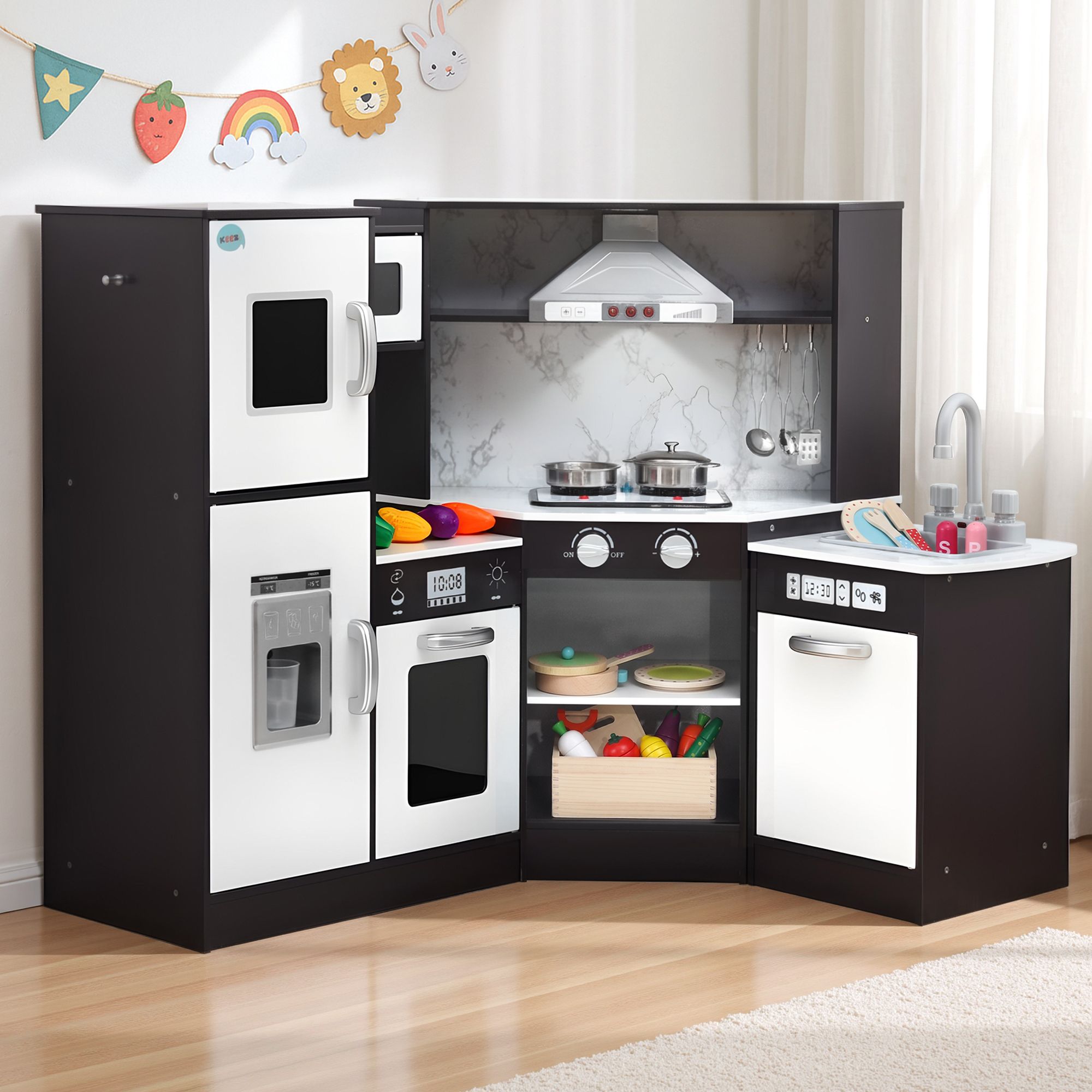 Keezi Kids Wooden Kitchen Playset 29pc Food Set Black White - Image 1