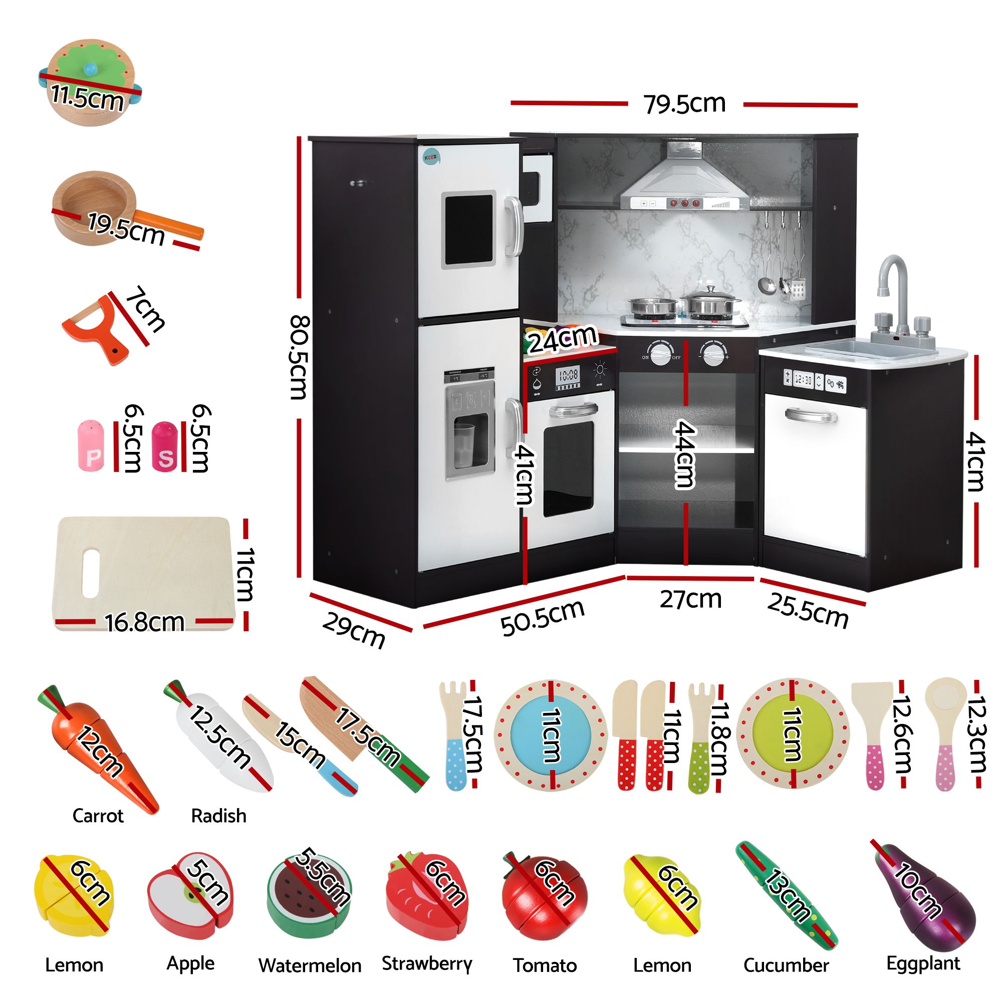 Keezi Kids Wooden Kitchen Playset 29pc Food Set Black White - Image 2