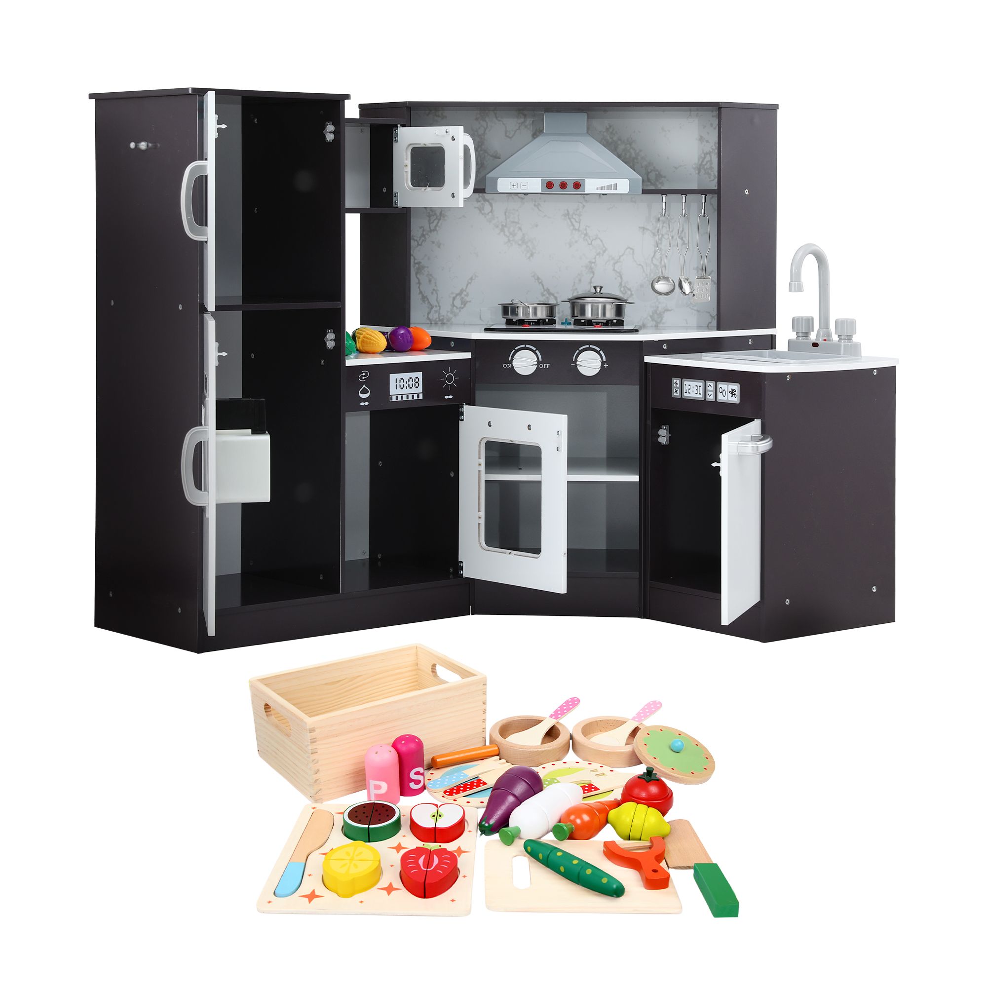 Keezi Kids Wooden Kitchen Playset 29pc Food Set Black White - Image 3