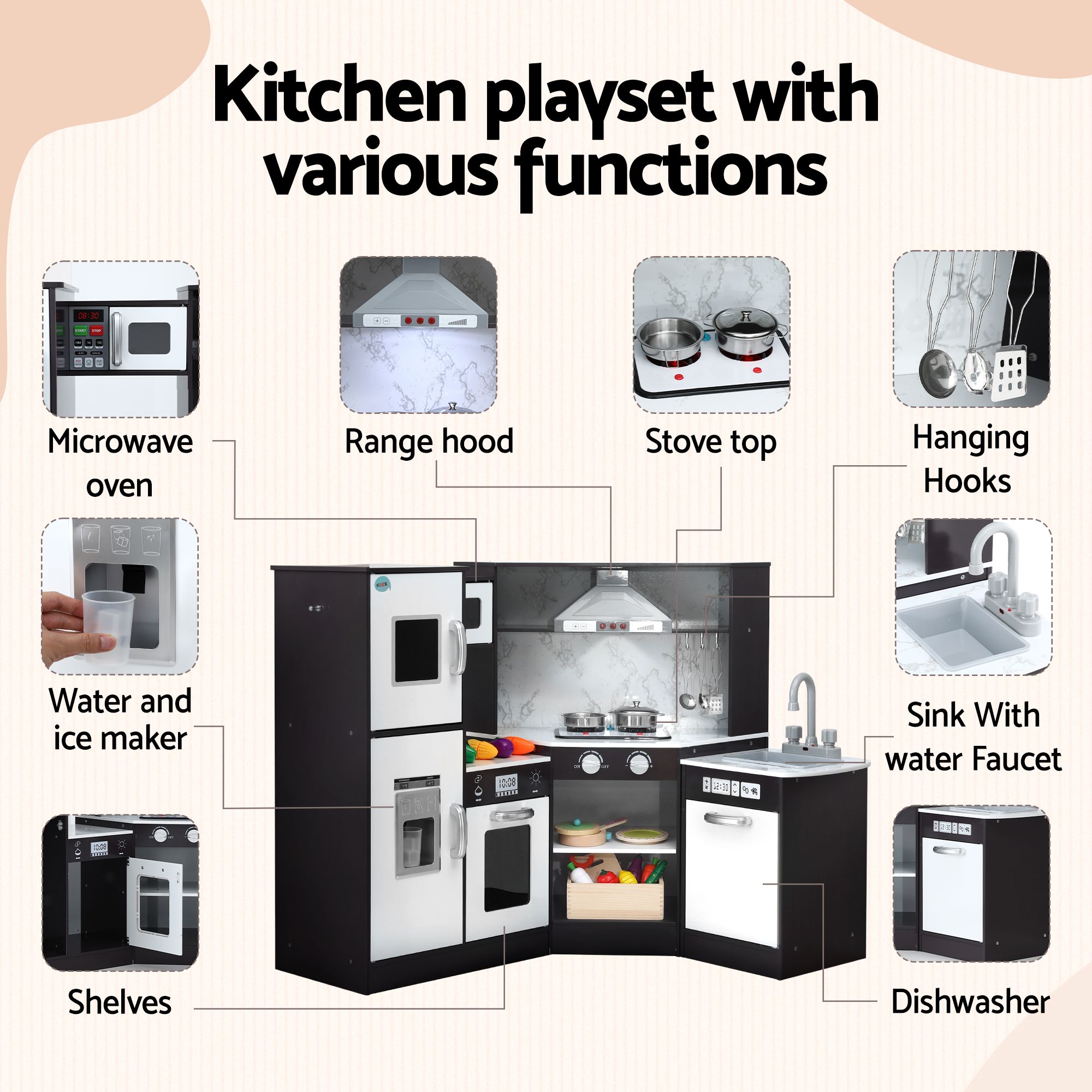 Keezi Kids Wooden Kitchen Playset 29pc Food Set Black White - Image 4