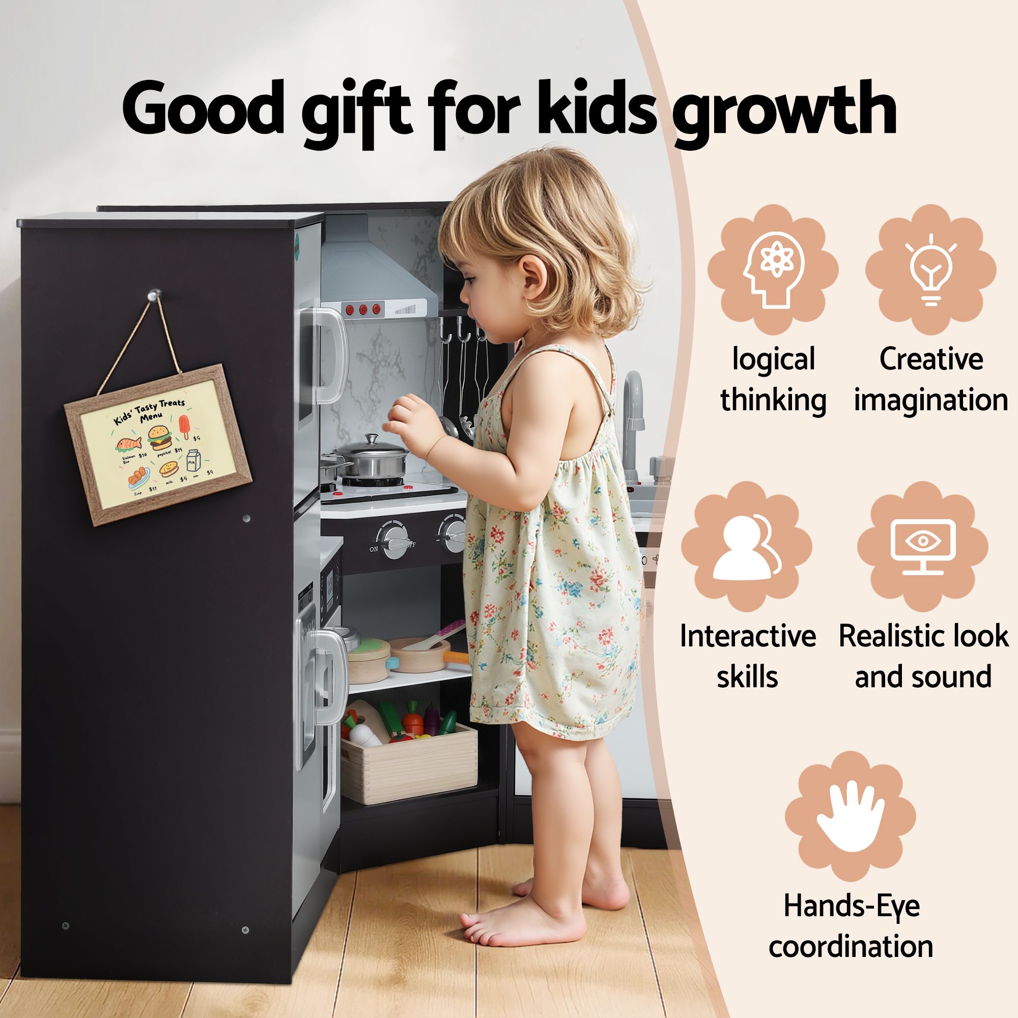 Keezi Kids Wooden Kitchen Playset 29pc Food Set Black White - Image 6