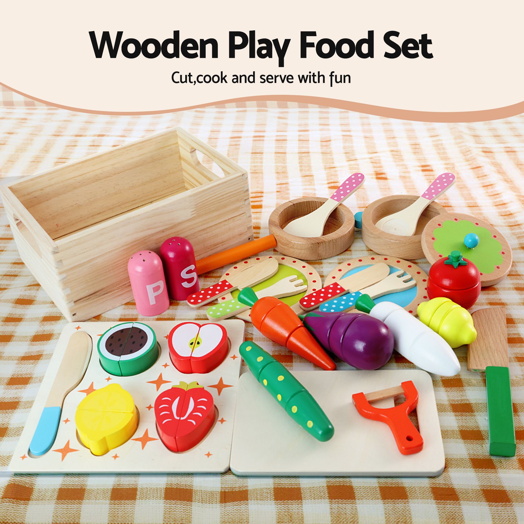 Keezi Kids Wooden Kitchen Playset 29pc Food Set Black White - Image 7
