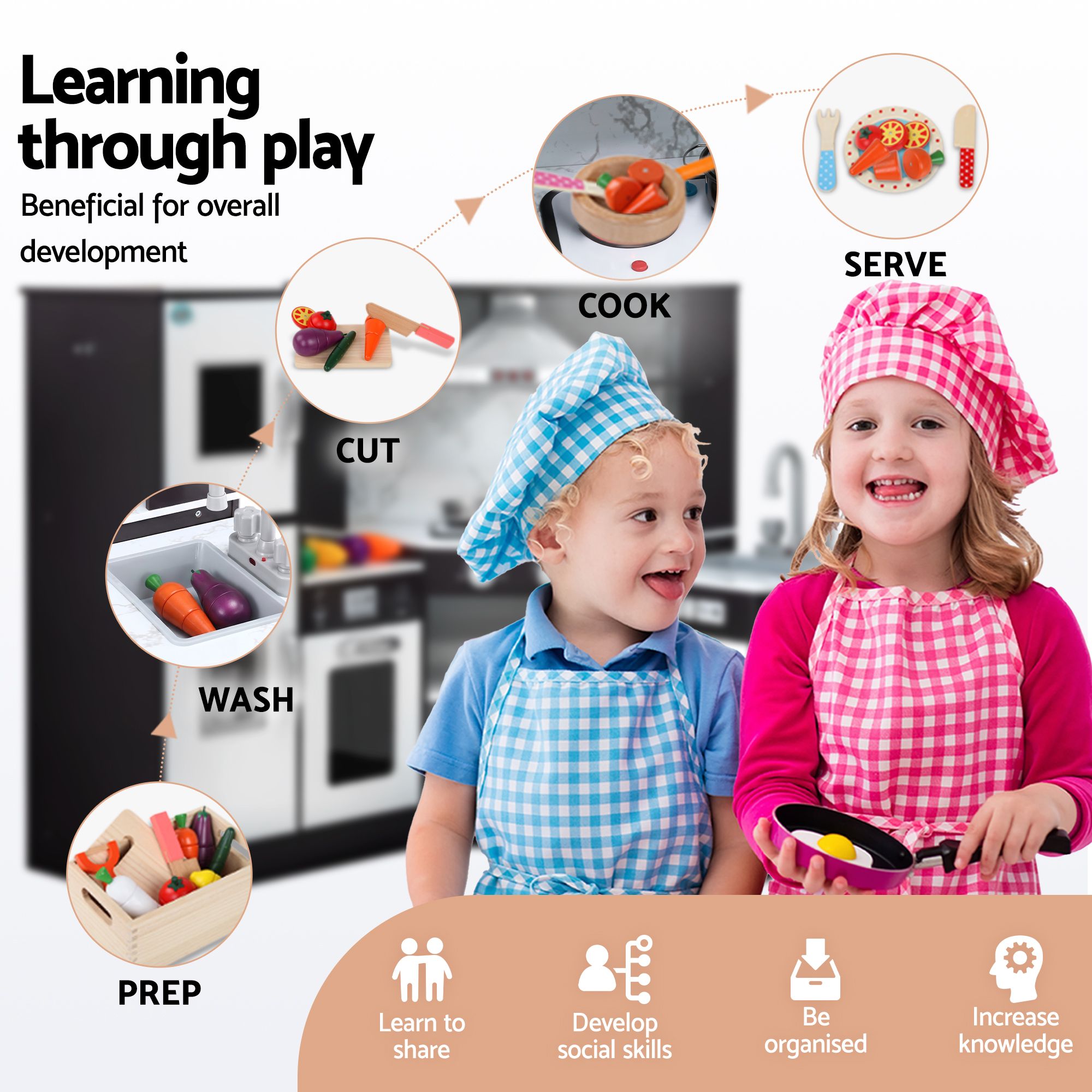Keezi Kids Wooden Kitchen Playset 29pc Food Set Black White - Image 8