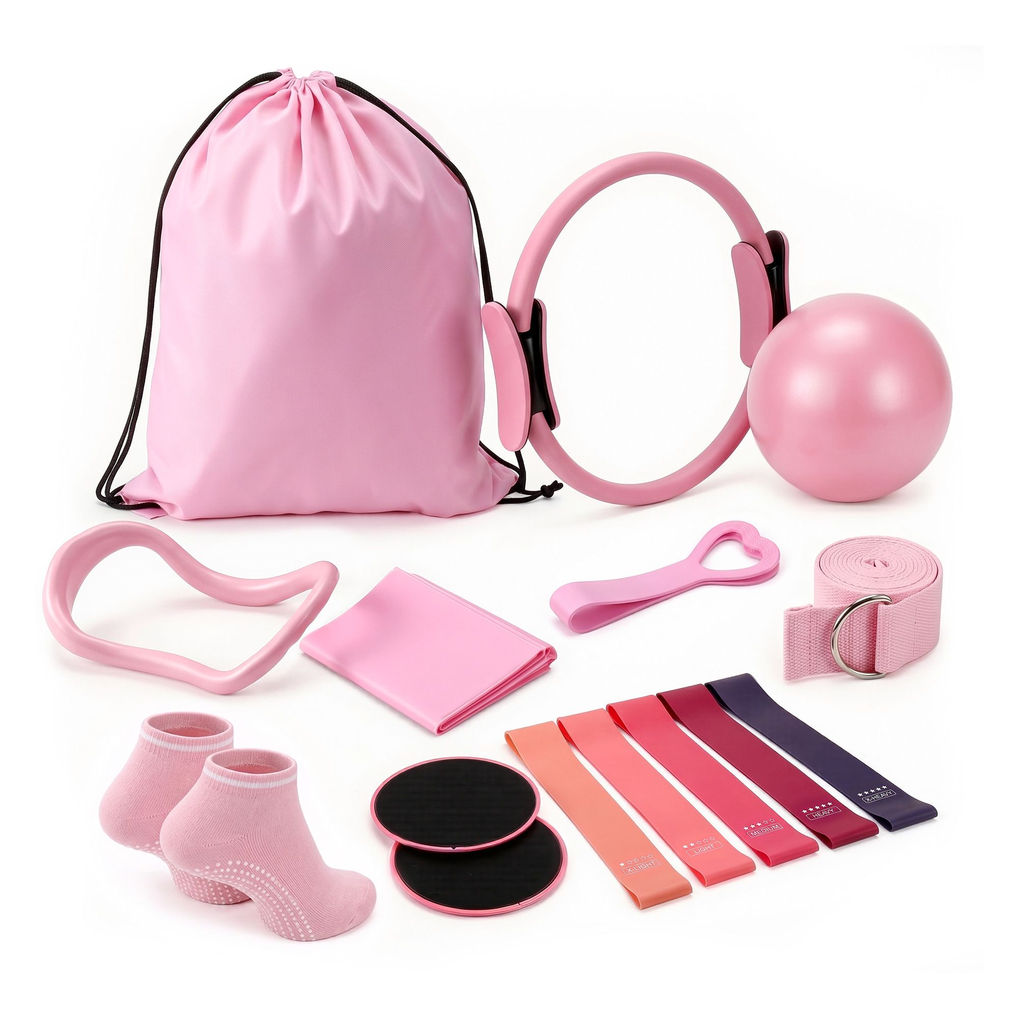 Everfit Pilates Ring Set for Women, 15pcs Home Workout Pilates Equipment with Ring, Ball, Yoga Socks, D-Ring etc. Pilates Starter Kit for Strength, Toning and Flexibility Pink - Image 1