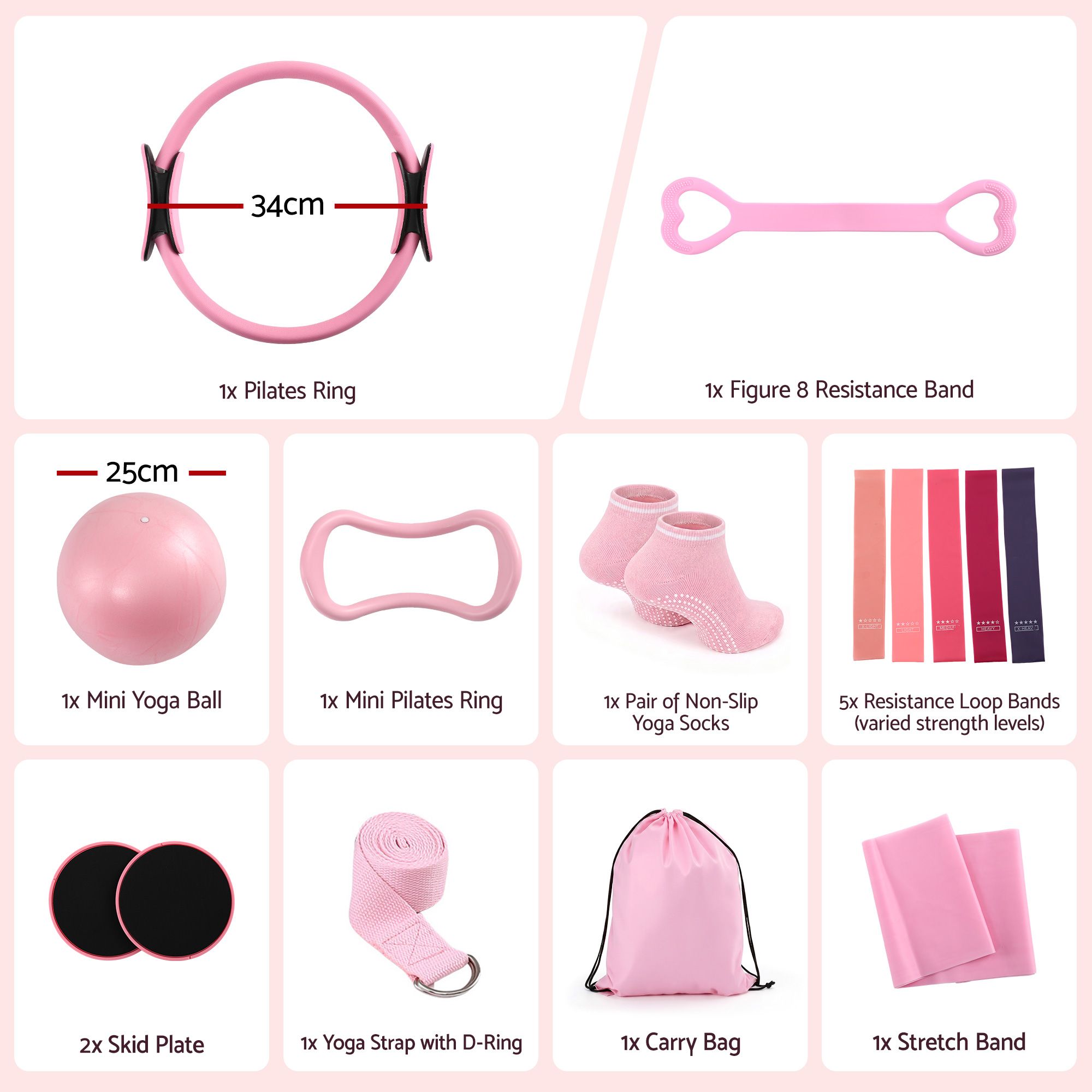 Everfit Pilates Ring Set for Women, 15pcs Home Workout Pilates Equipment with Ring, Ball, Yoga Socks, D-Ring etc. Pilates Starter Kit for Strength, Toning and Flexibility Pink - Image 2