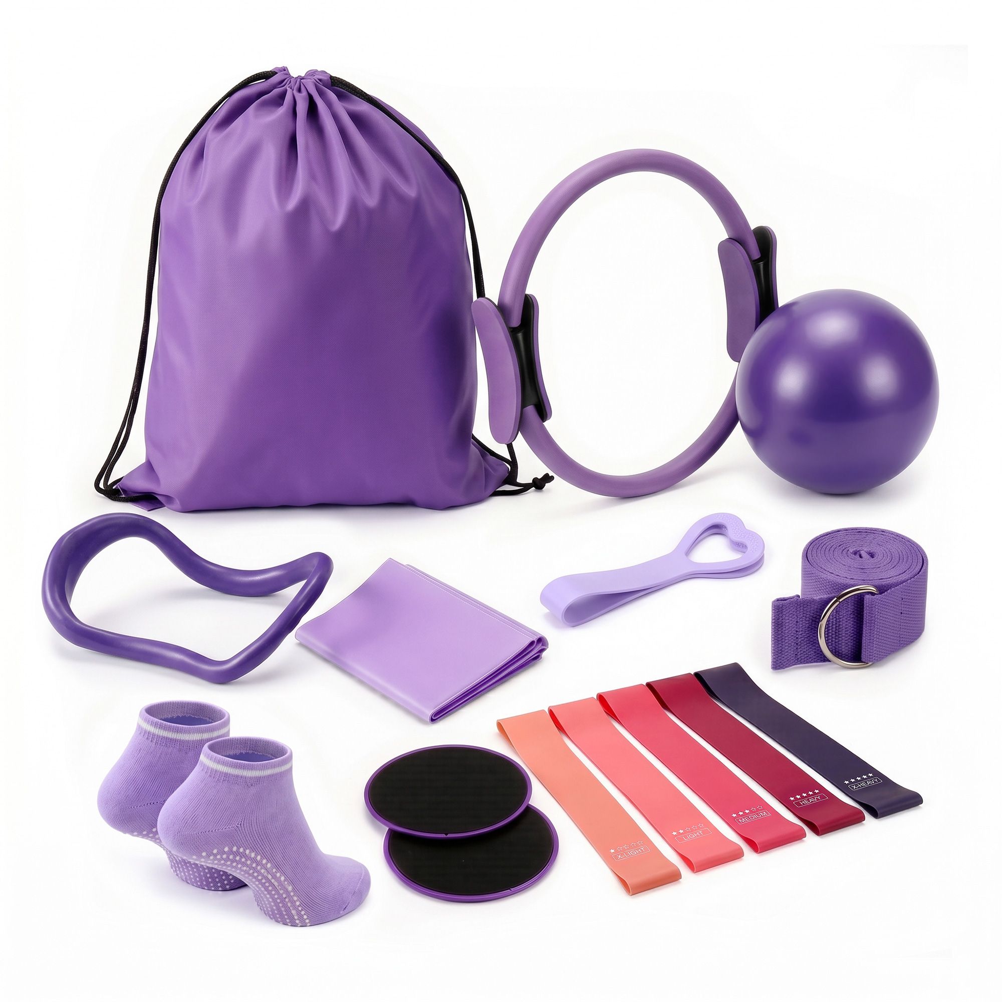 Everfit Pilates Ring Set for Women, 15pcs Home Workout Pilates Equipment with Ring, Ball, Yoga Socks, D-Ring etc. Pilates Starter Kit for Strength, Toning and Flexibility Purple - Image 1