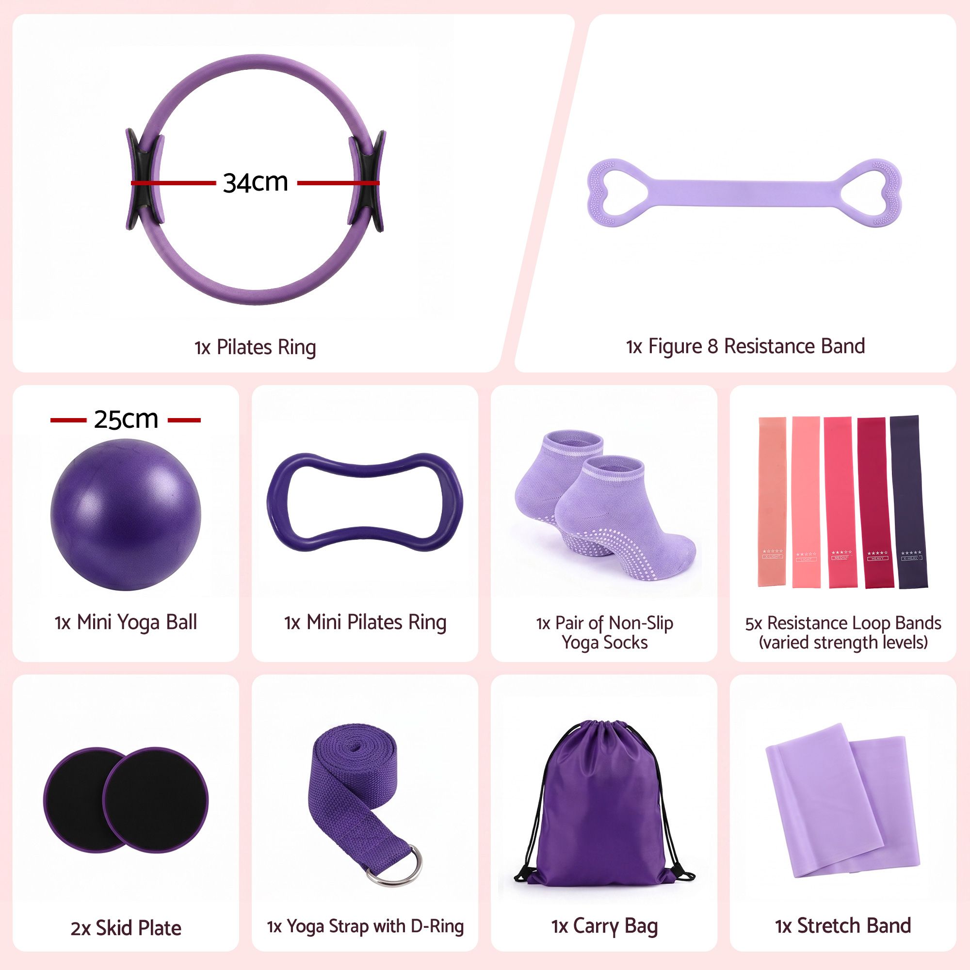 Everfit Pilates Ring Set for Women, 15pcs Home Workout Pilates Equipment with Ring, Ball, Yoga Socks, D-Ring etc. Pilates Starter Kit for Strength, Toning and Flexibility Purple - Image 2