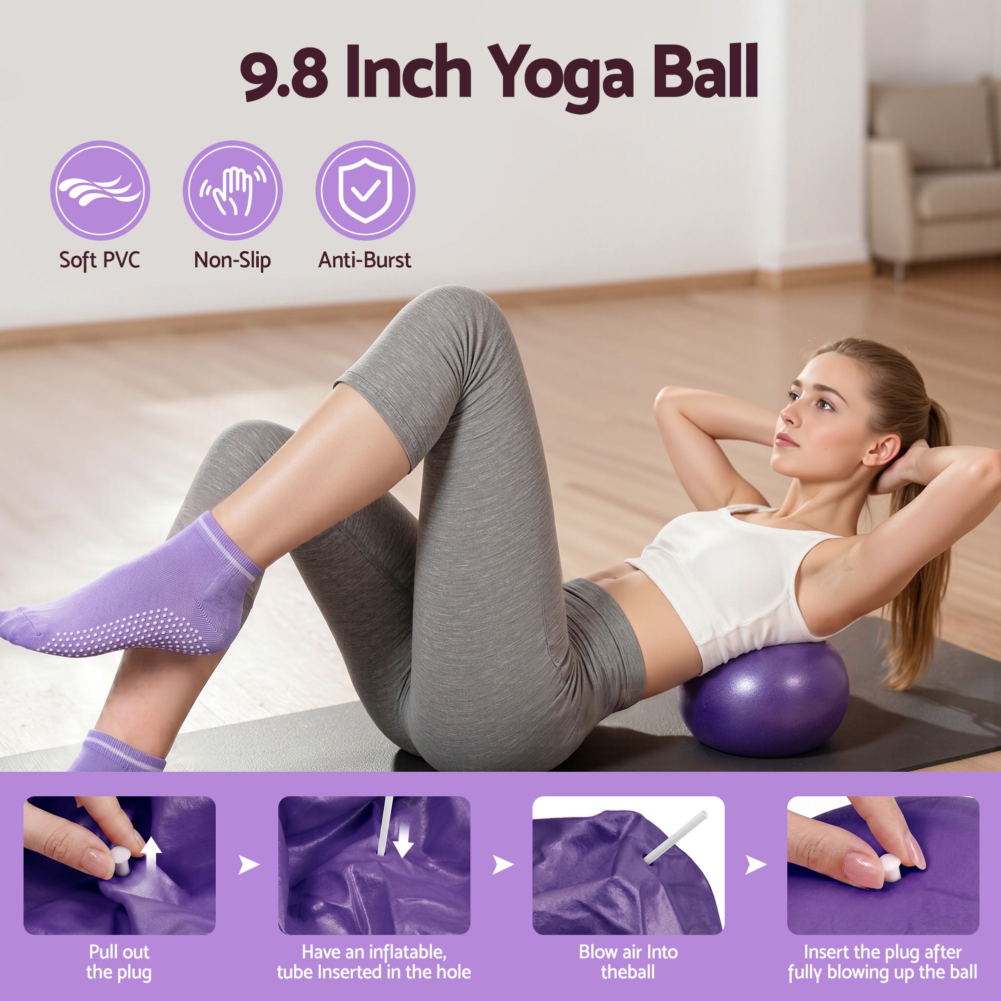 Everfit Pilates Ring Set for Women, 15pcs Home Workout Pilates Equipment with Ring, Ball, Yoga Socks, D-Ring etc. Pilates Starter Kit for Strength, Toning and Flexibility Purple - Image 6