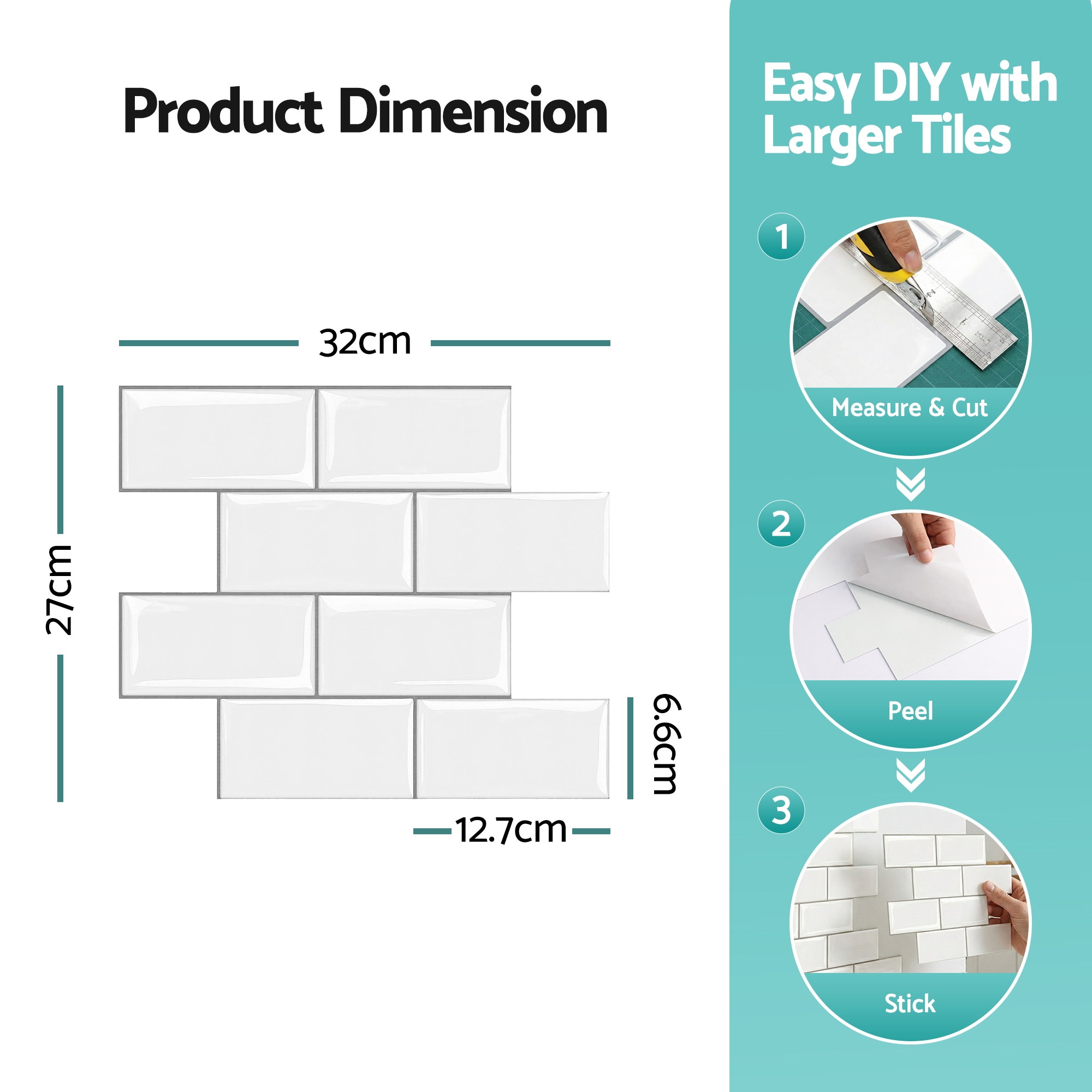 Artiss 3D Peel and Stick Wall Tiles Self Adhesive Subway Backsplash 10 Sheets, White - Image 3